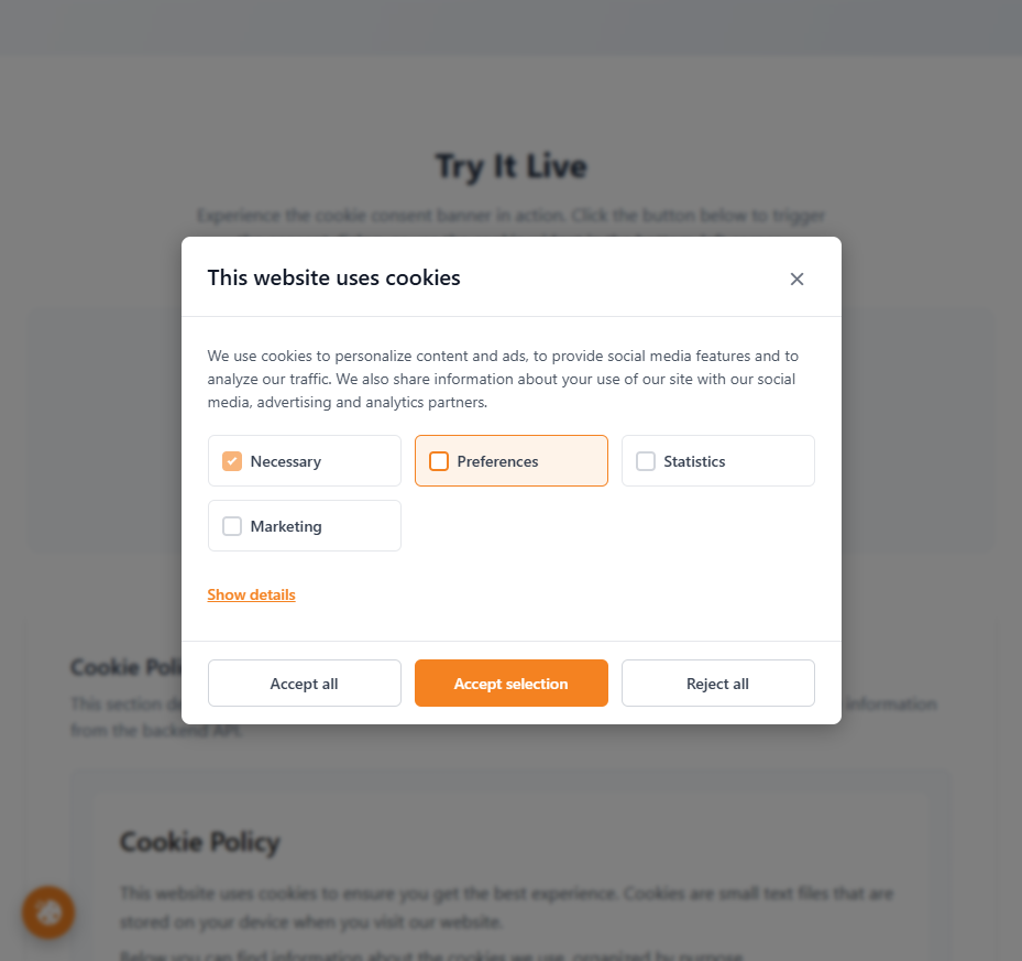 Cookie Consent Manager — consent banner with per-category checkboxes