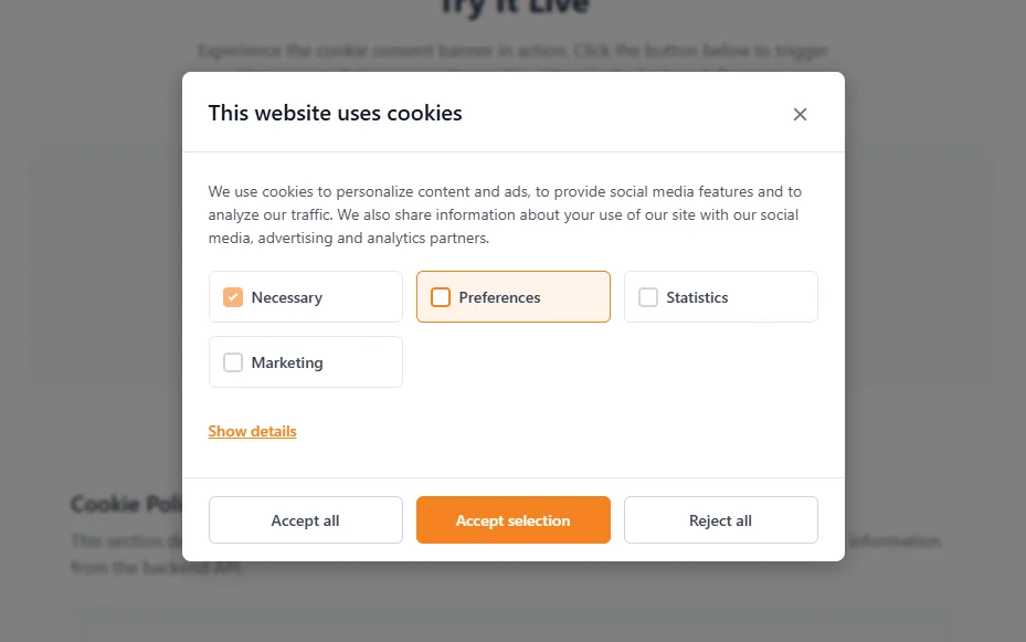 Cookie Consent Manager – consent banner with per-category checkboxes