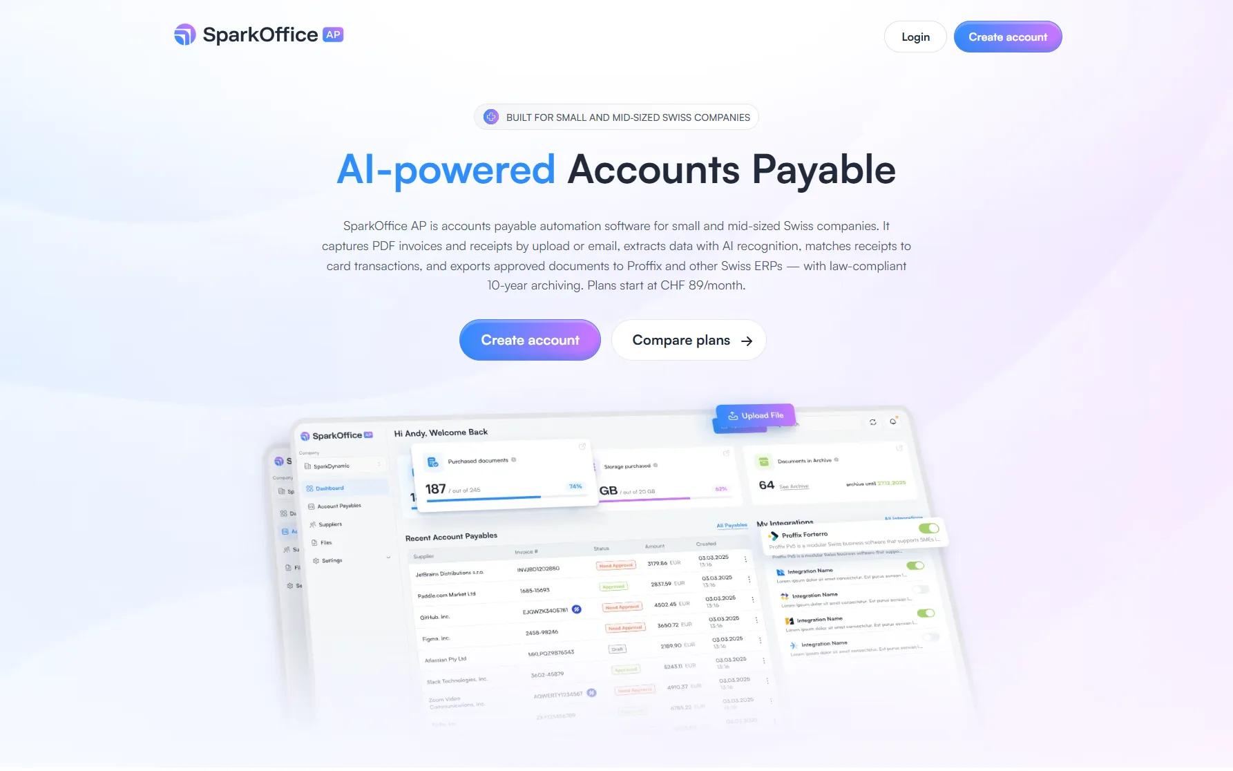 SparkOffice AP homepage – AI-powered accounts payable automation for Swiss companies