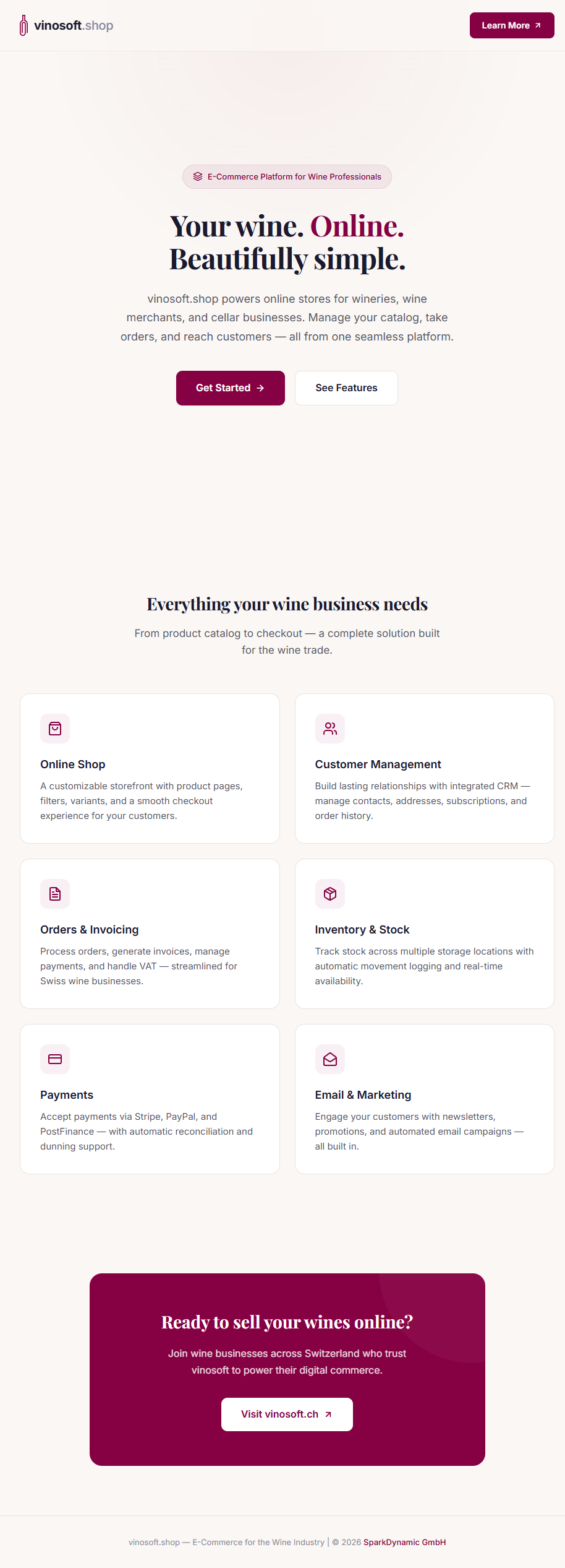 vinosoft.shop homepage — e-commerce platform for wine businesses