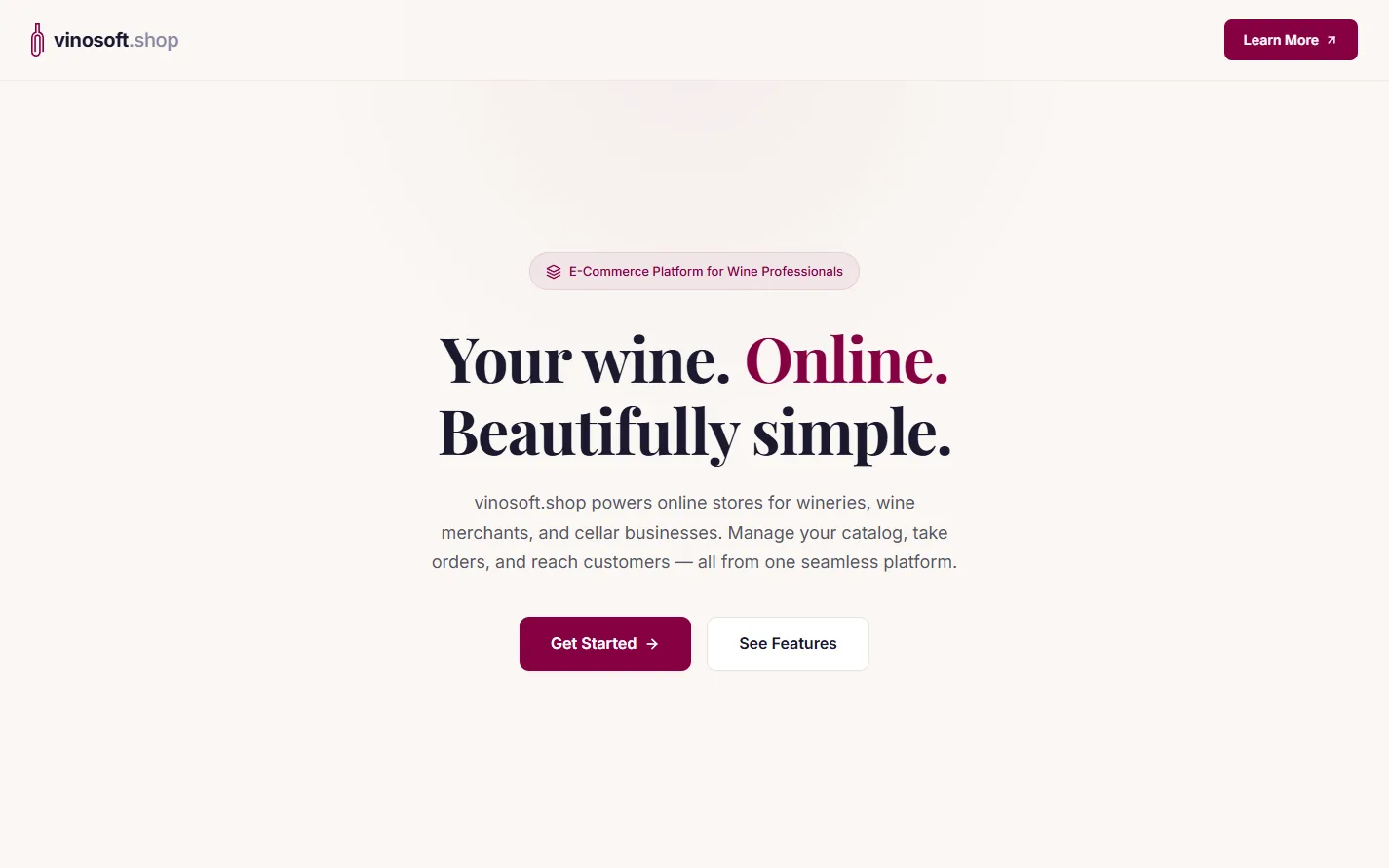 vinosoft.shop homepage – e-commerce platform for wine businesses