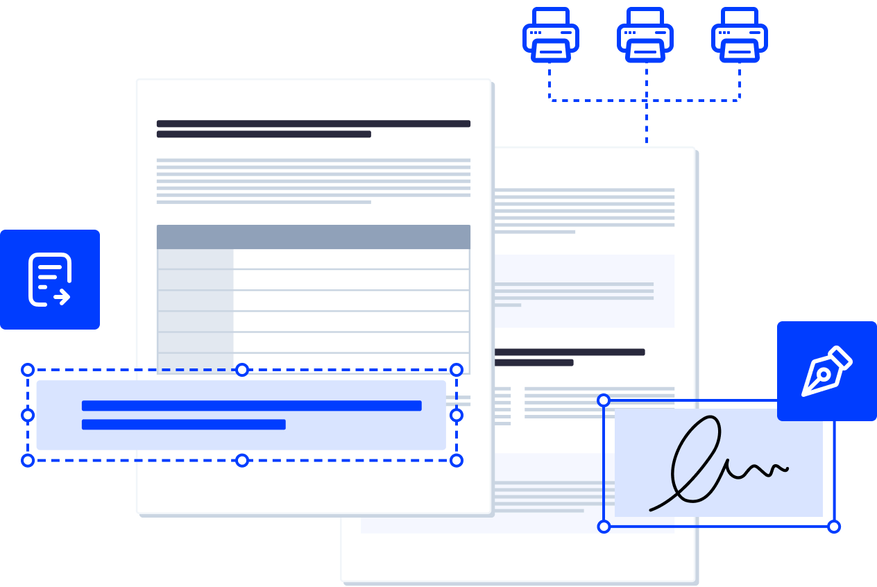 Document automation illustration showing printers, documents and e-signature