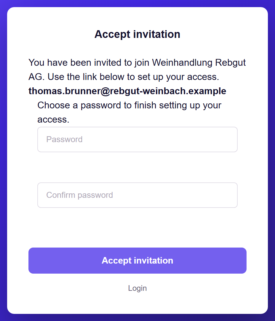 url: Account/AcceptInvite?token=helpshot-demo-invitation-token
crop: .login-card
The Accept invitation page showing the account name, the invited email address, and the password fields.