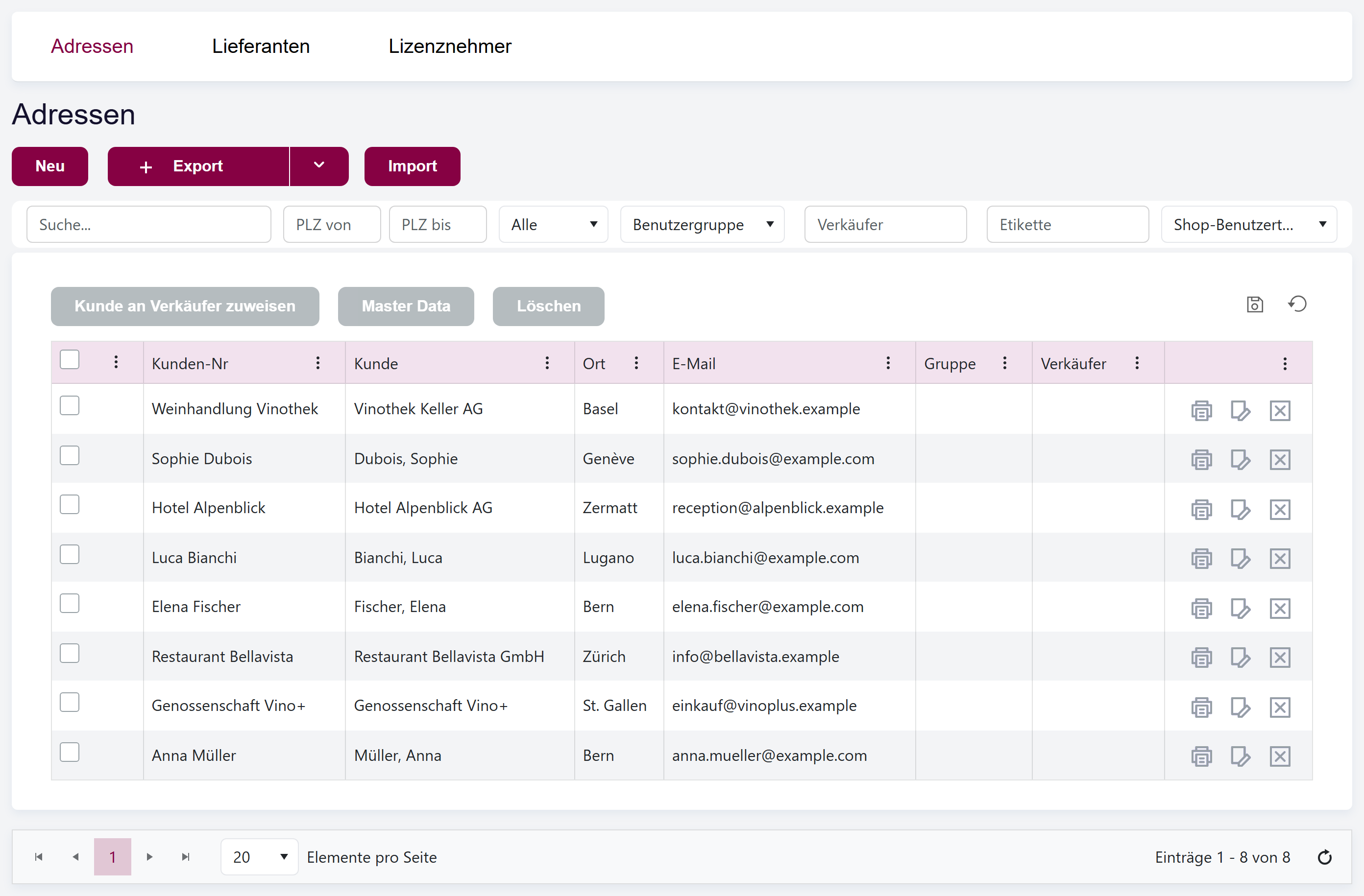 Der Bereich Adressen in Vinosoft mit seiner Hauptliste und den Tabs.