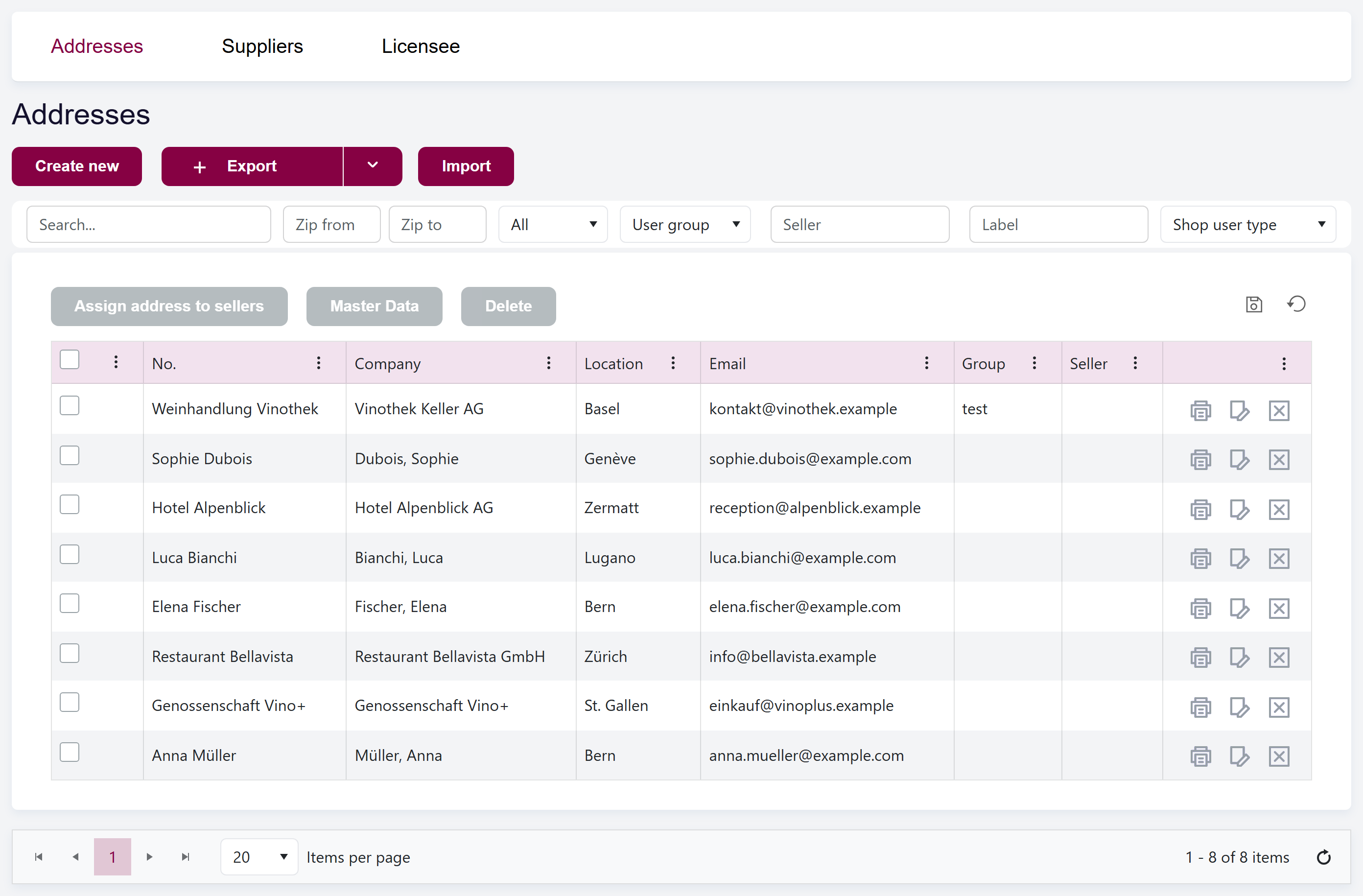 url: addresses/clientaddress
crop: ul.main-tabs, .content-container
The Addresses area open in Vinosoft, showing its main list and tabs.