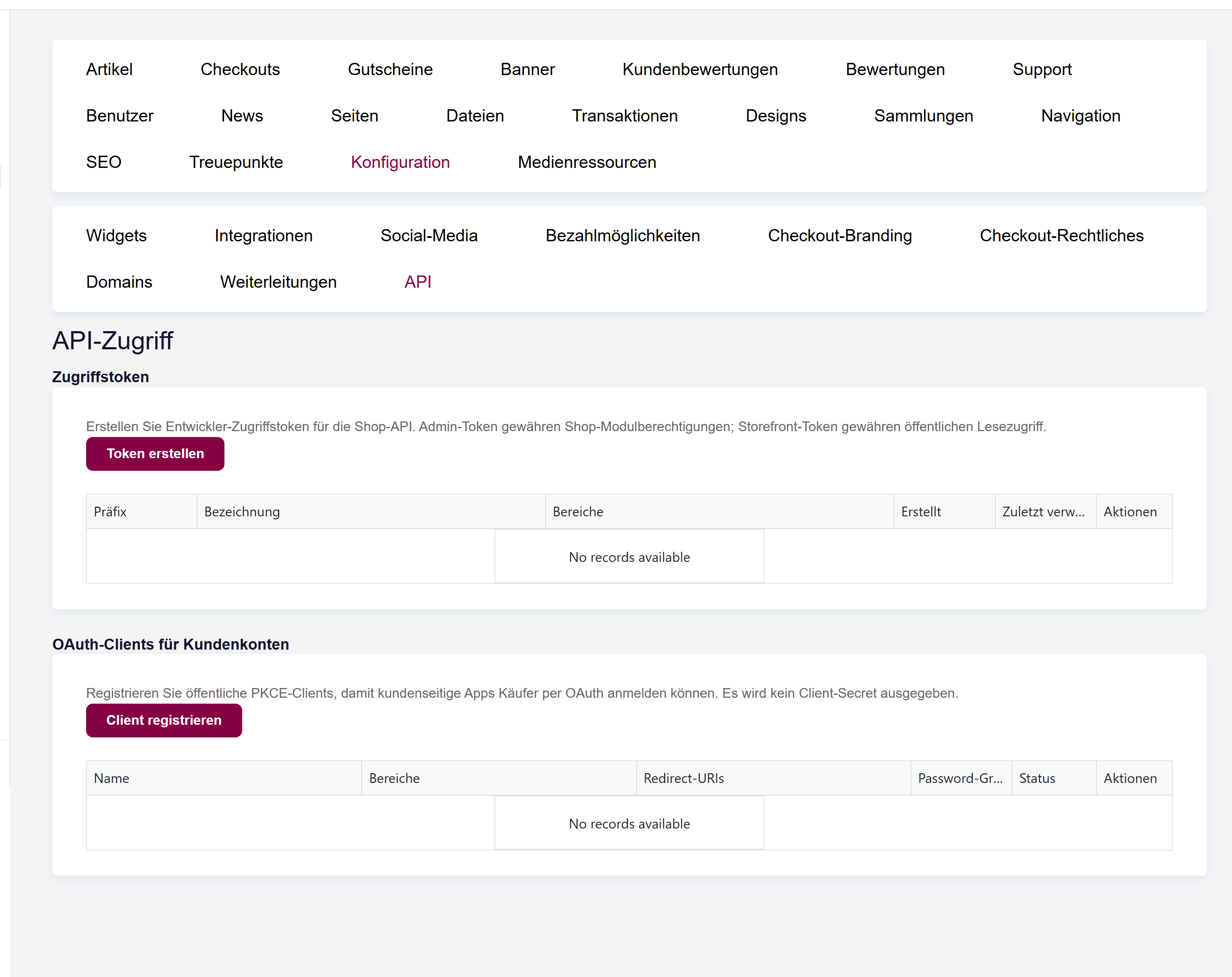 Der Bereich Zugriffstoken auf der Shop-API-Seite mit dem Dialog "Token erstellen", Token-Typ und Berechtigungsauswahl.