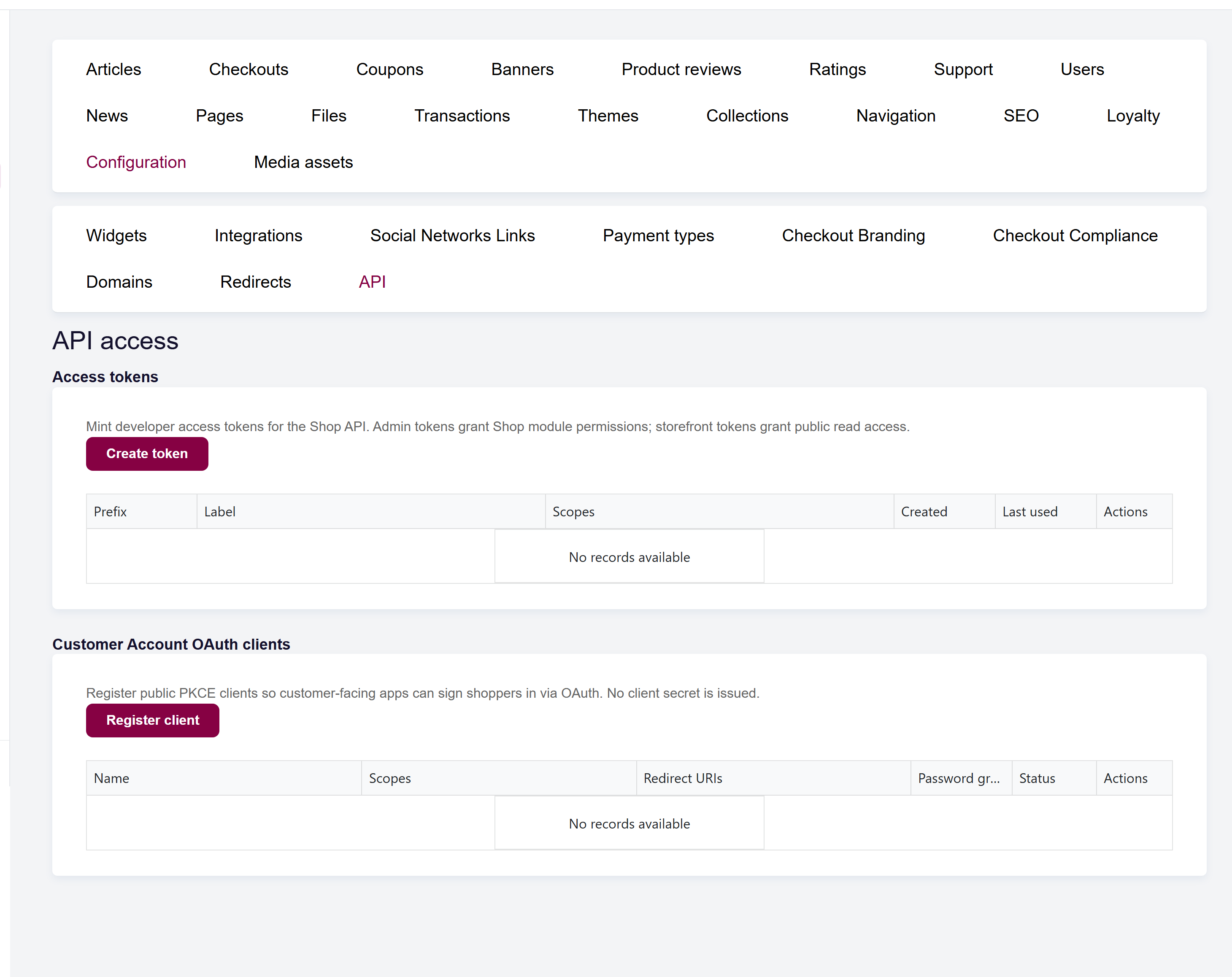 url: shop/api
The Access tokens section on the Shop API page, showing the Create token dialog with token type and scope picker.