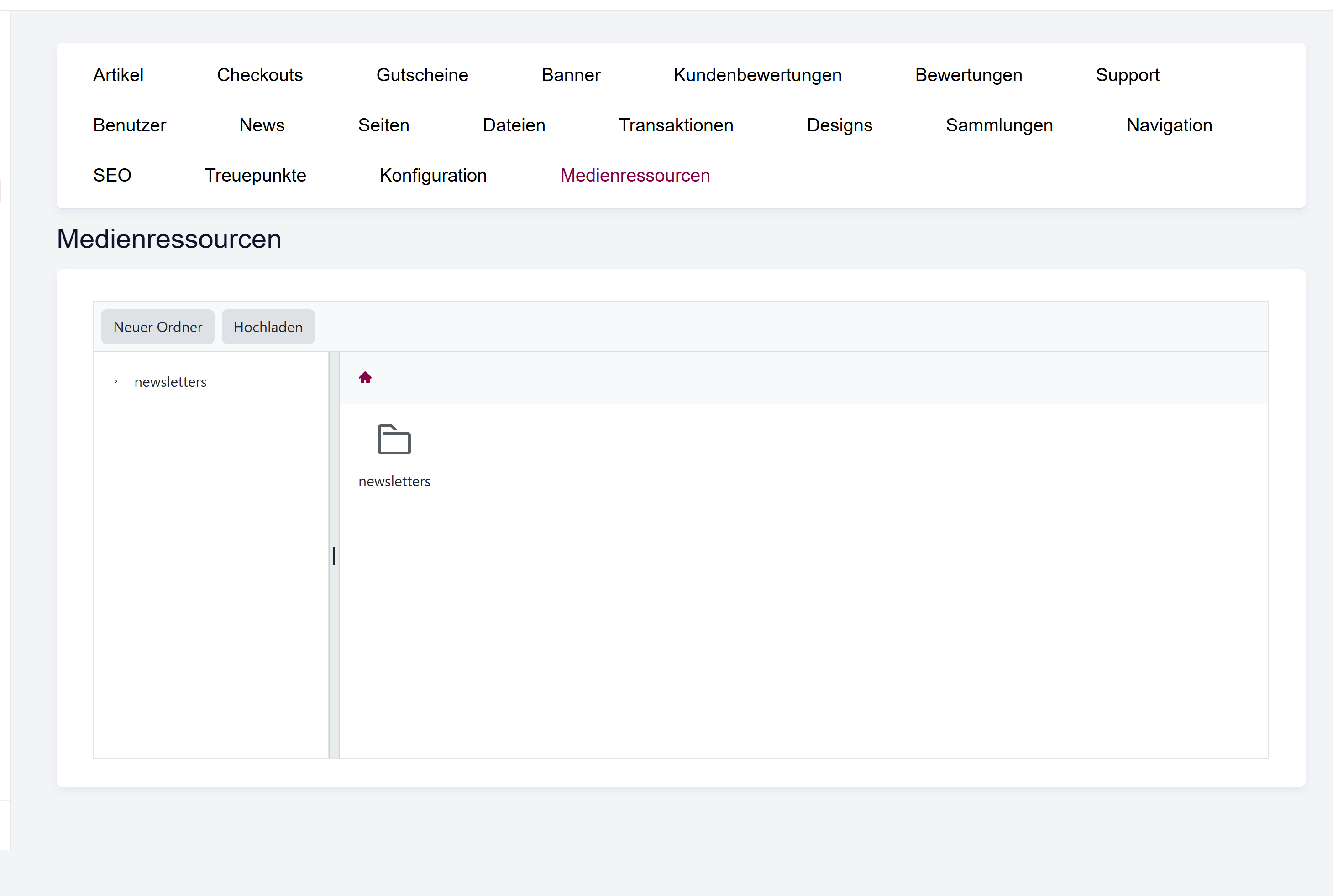 Der Bildschirm Assets mit Ordnerbaum, Dateiliste und Symbolleiste (Ordner erstellen, Hochladen).
