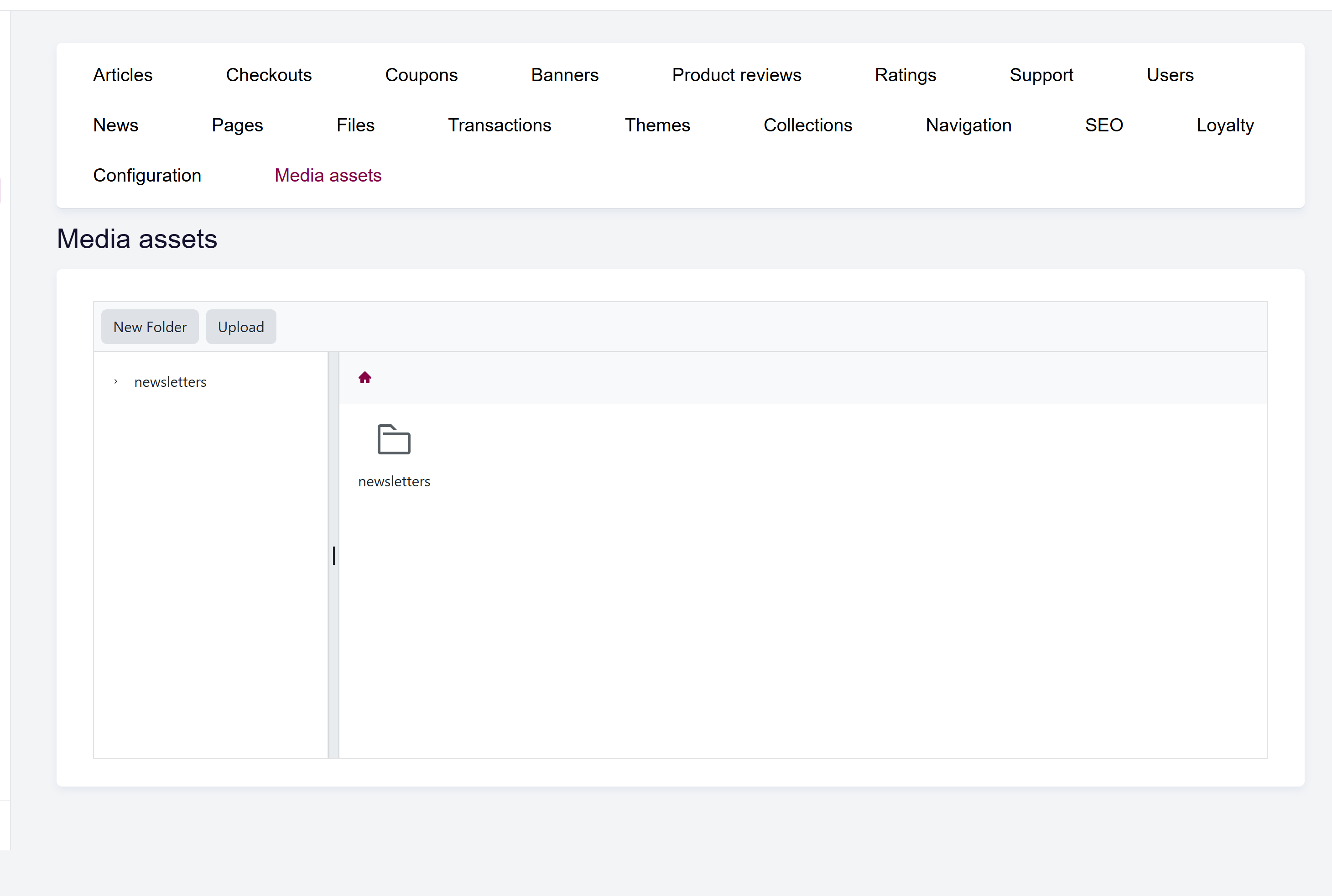 url: shop/assets
The Assets screen with the folder tree, file list, and toolbar (Create folder, Upload).