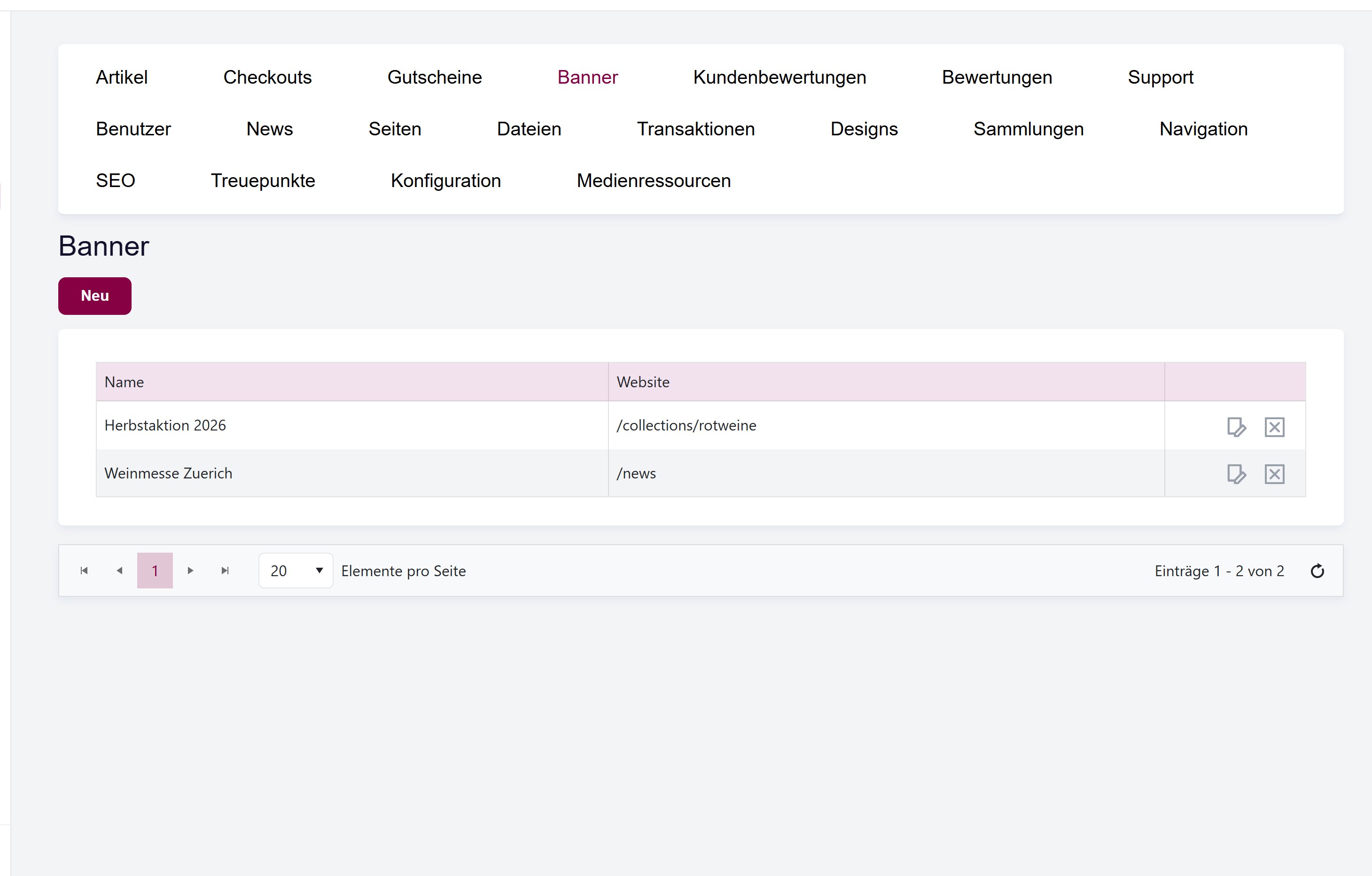 Die Bannerliste mit den Spalten Name und Url sowie der Schaltfläche Neu erstellen.