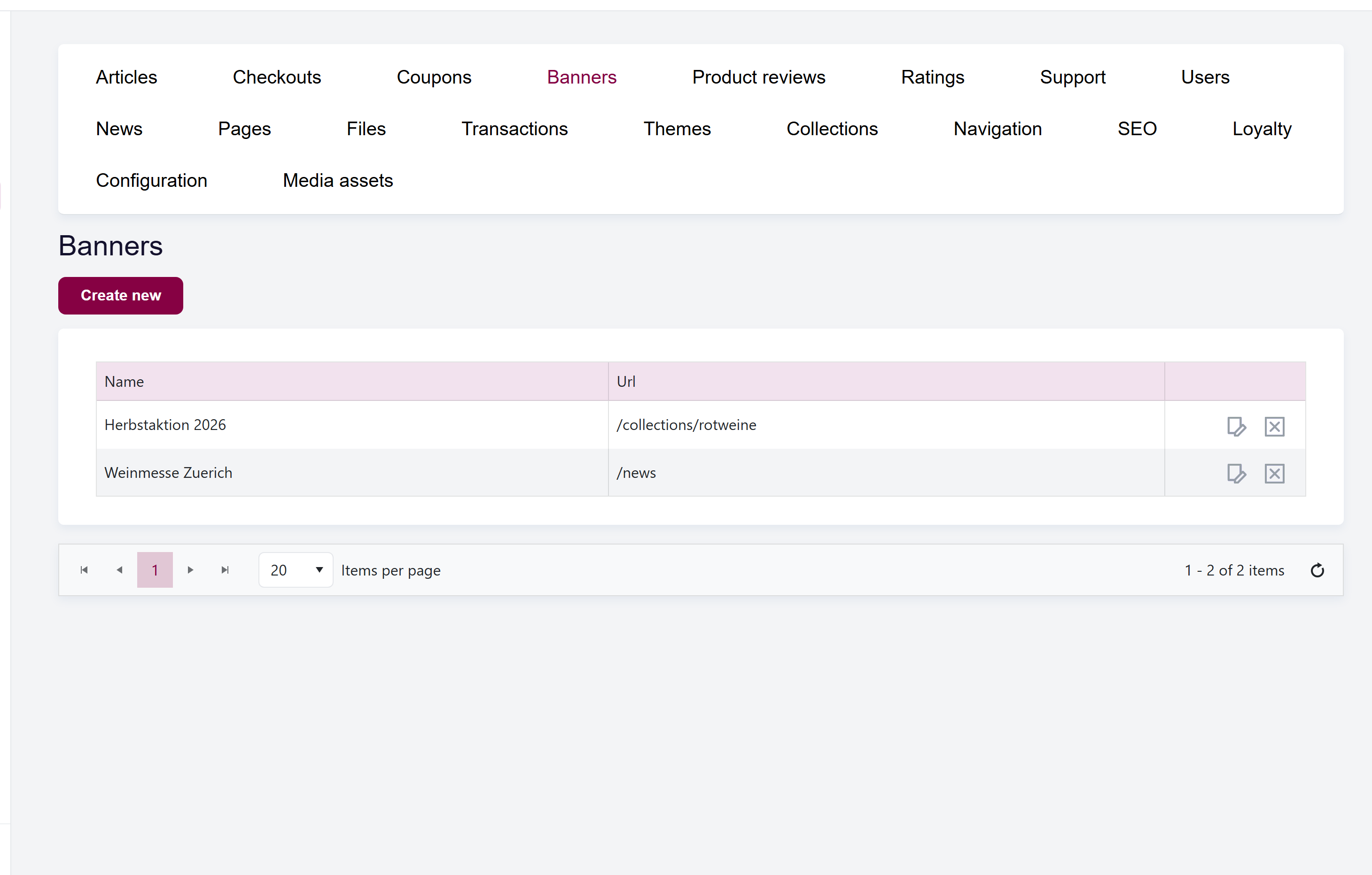 url: shop/banners
The Banners list with the Name and Url columns and the Create new button.