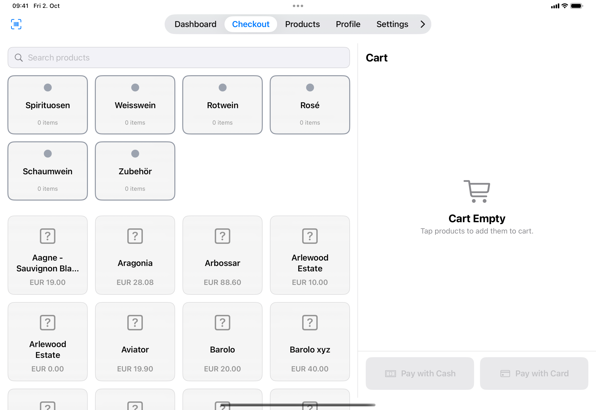 The Checkout tab: the search field, category tiles (e.g. Weisswein, Rotwein, Rosé) and product tiles with name and price on the left, and the empty cart with Pay with Cash and Pay with Card on the right.