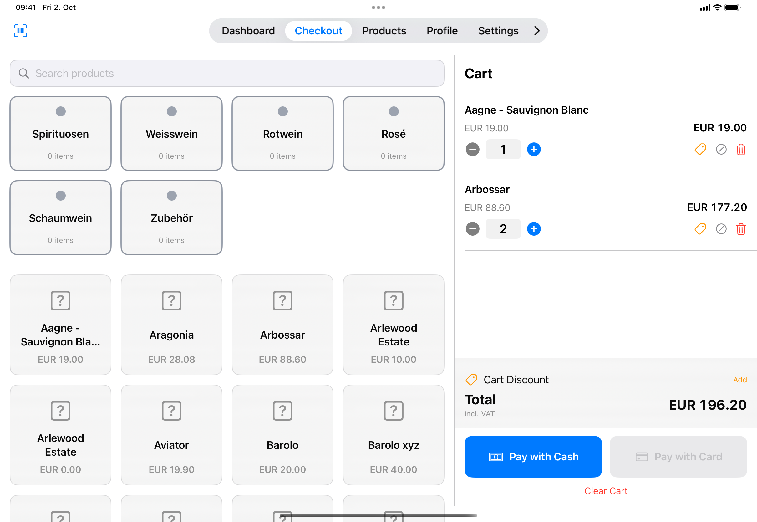 The cart with two lines (Aagne – Sauvignon Blanc ×1, Arbossar ×2). Each line has minus and plus buttons, the quantity, and the discount, edit-price and delete icons. The total incl. VAT and the Cart Discount row sit above the Pay with Cash button.