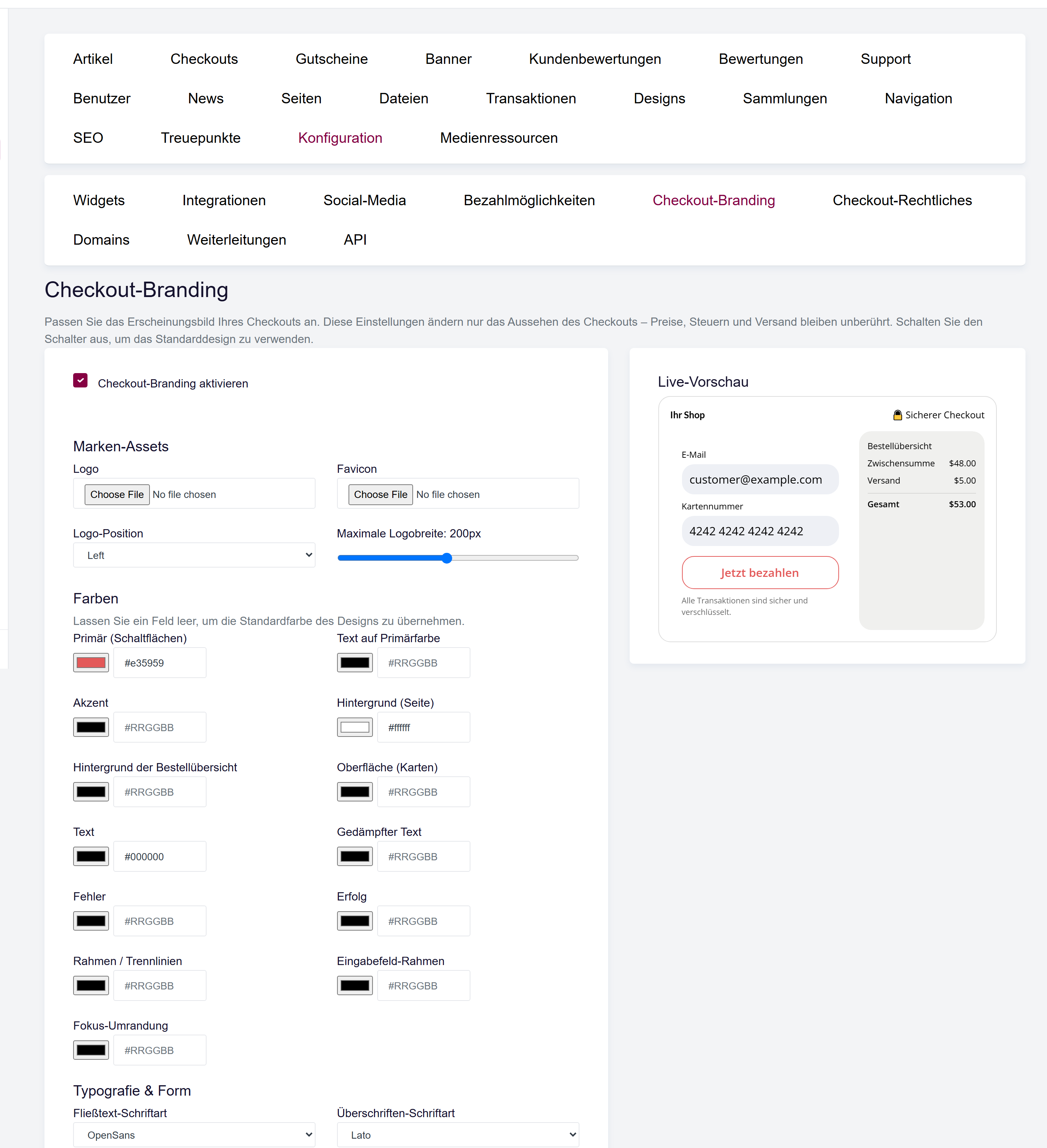 Der Bildschirm Checkout-Branding mit dem Editor links und der Live-Vorschau rechts.