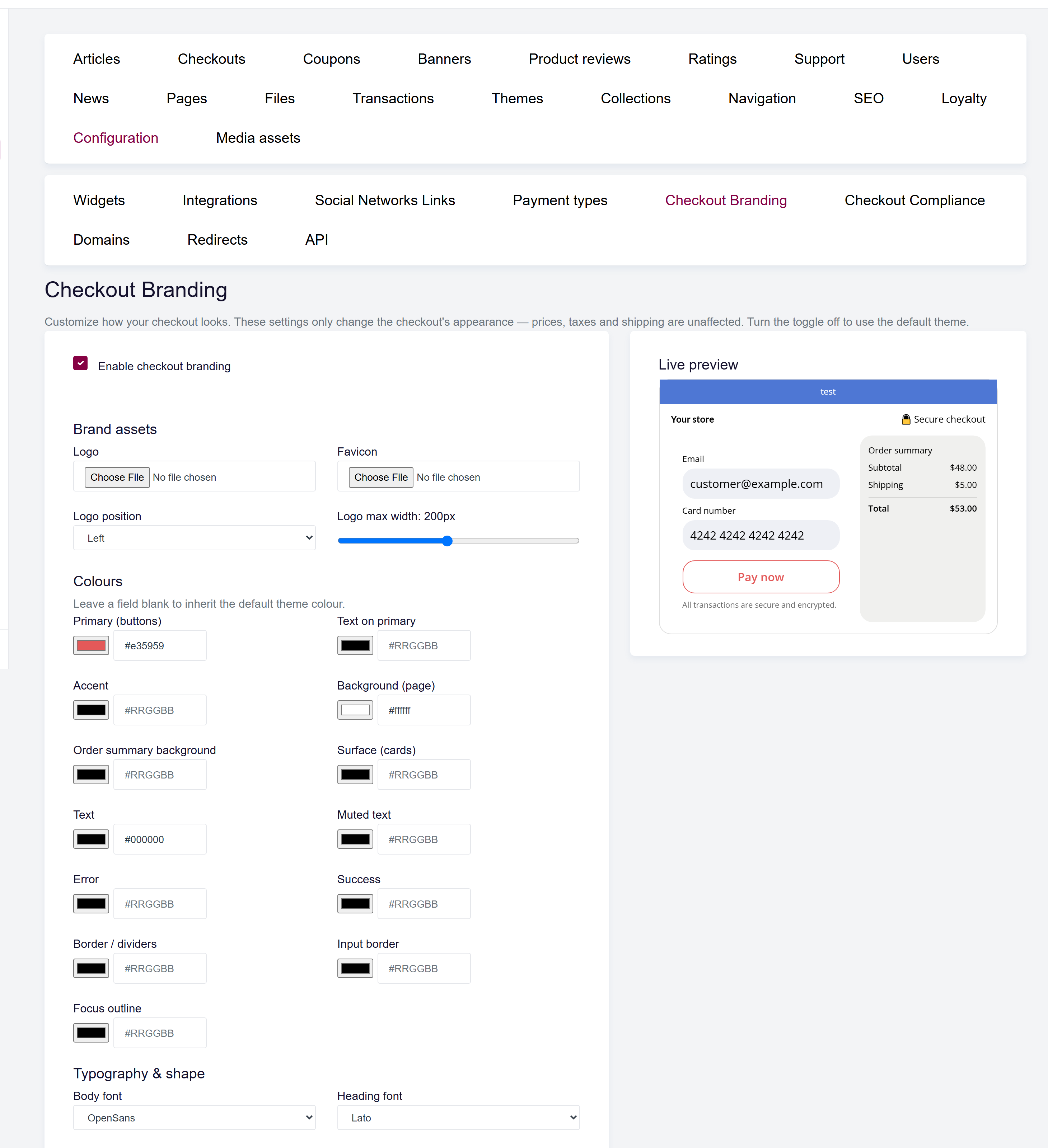 url: shop/checkoutbranding
The Checkout branding screen, with the editor on the left and the live preview on the right.