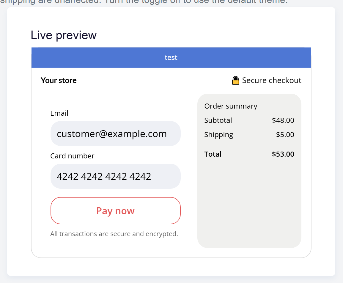 url: shop/checkoutbranding
crop: .branding-preview-sticky
The live preview panel reacting to a colour and font change.
