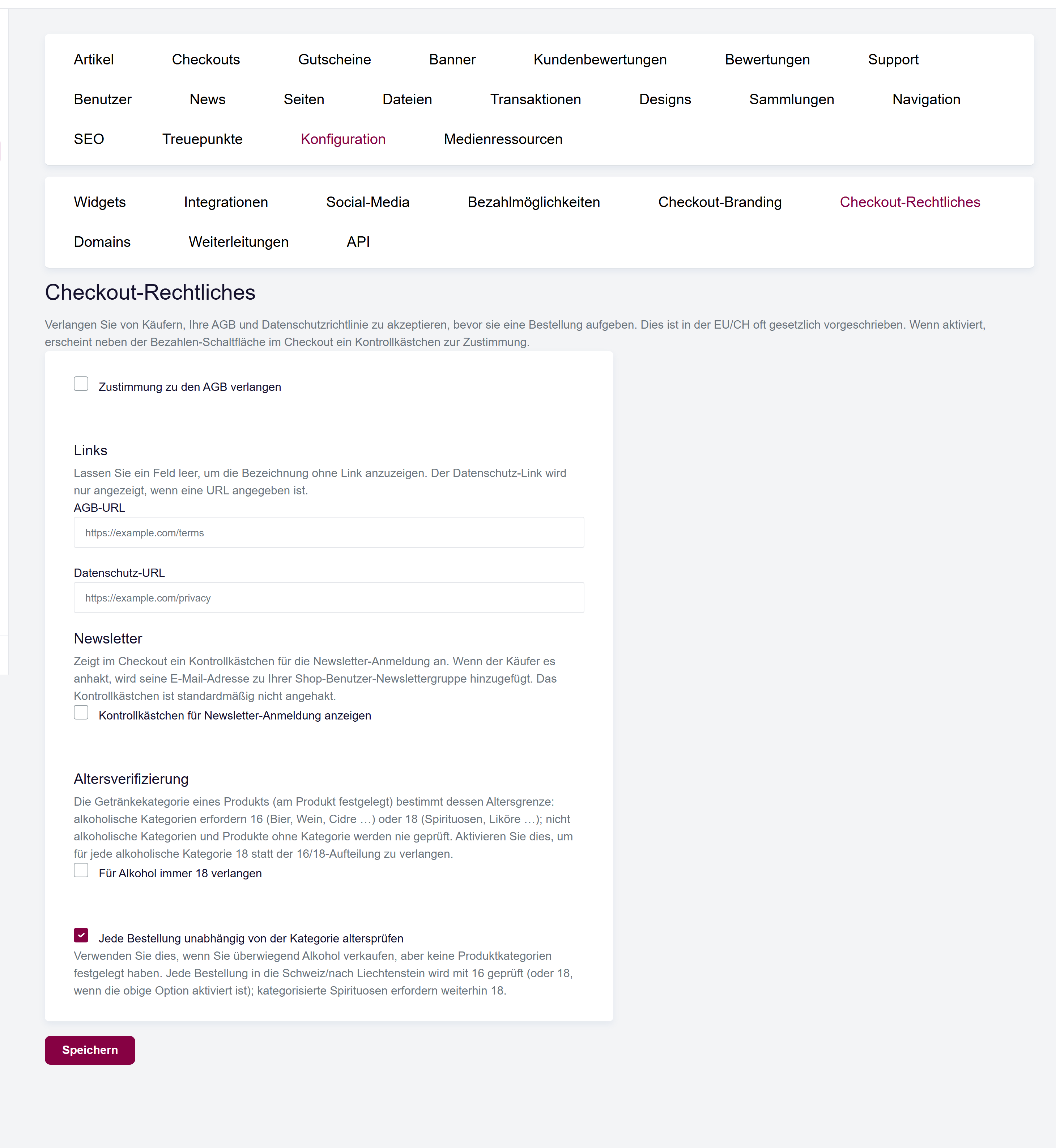 Die Seite Checkout-Compliance mit der Checkbox „AGB-Annahme verlangen“, den Feldern für die AGB- und Datenschutz-URL sowie der Newsletter-Opt-in-Checkbox.
