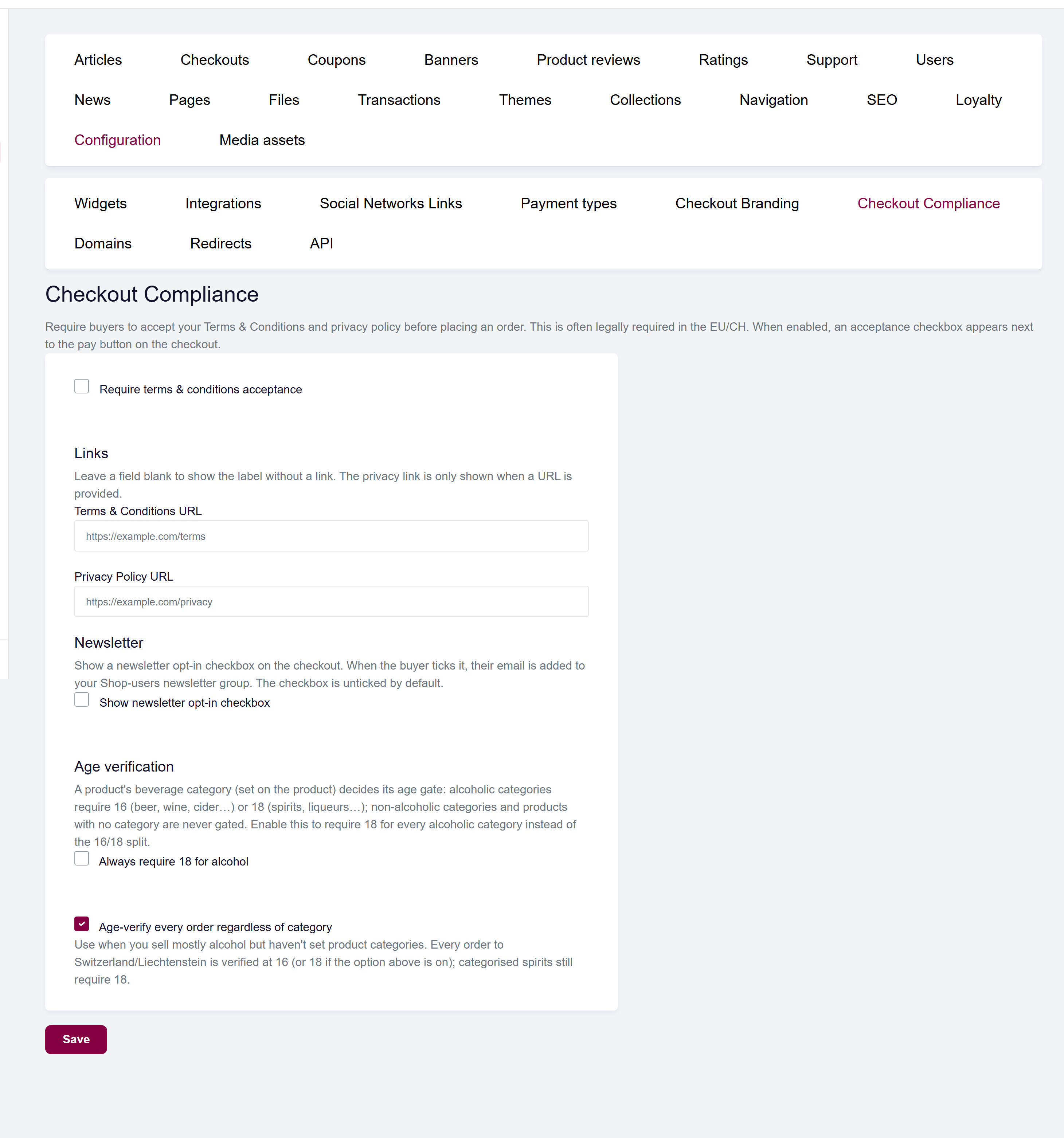 url: shop/checkoutcompliance
The Checkout compliance settings page, showing the Require terms & conditions acceptance checkbox, the Terms & Conditions and Privacy Policy URL fields, and the newsletter opt-in checkbox.