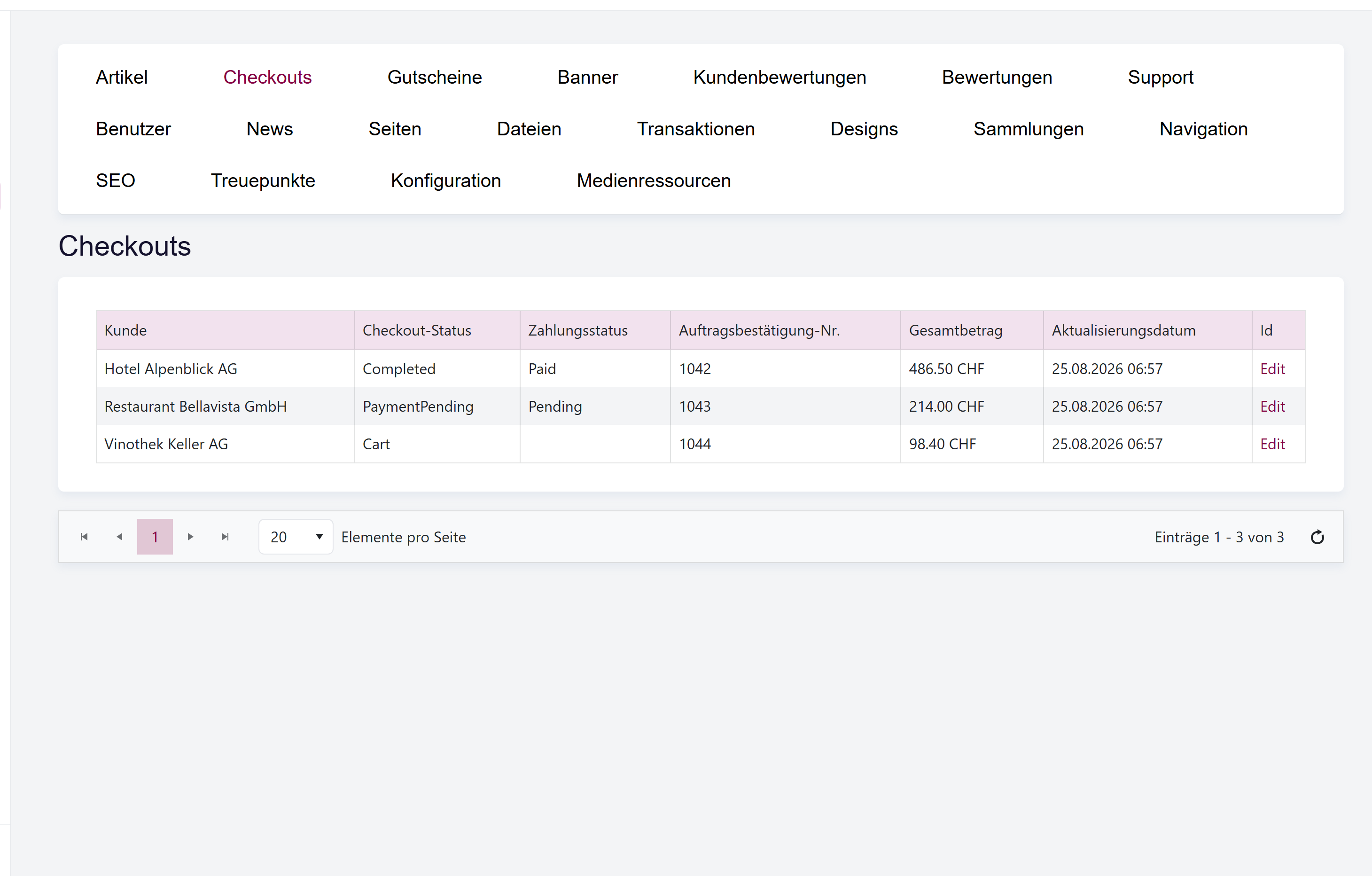 Die Checkouts-Liste mit den Spalten Kunde, Checkout-Status, Zahlungsstatus, Nummer, Gesamtbetrag und zuletzt aktualisiert.