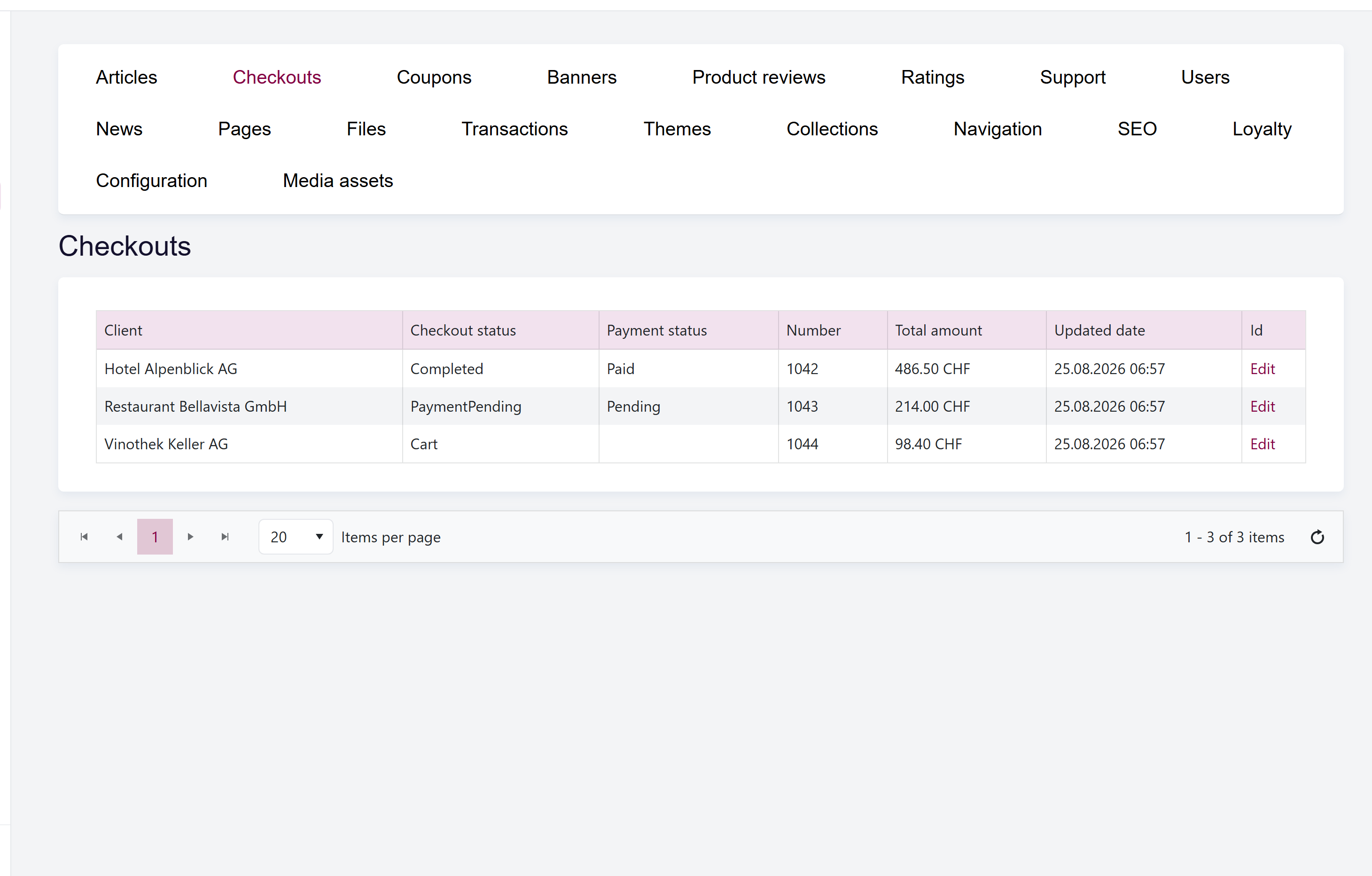 url: shop/checkouts
The Checkouts list with client, checkout status, payment status, number, total amount, and last updated columns.
