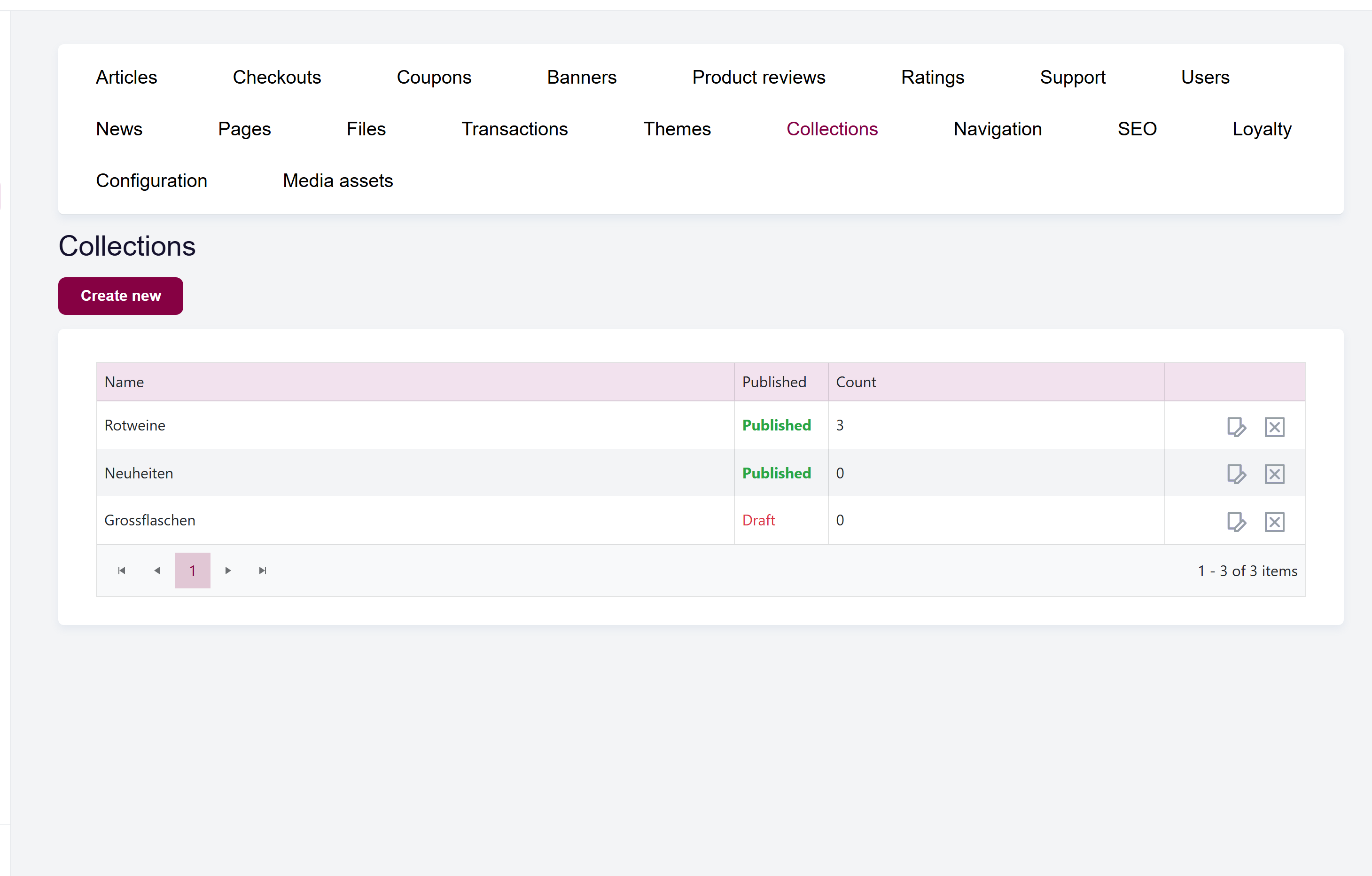 url: shop/collections
The Collections list with the Published/Draft status column, item count, and the Create new button.