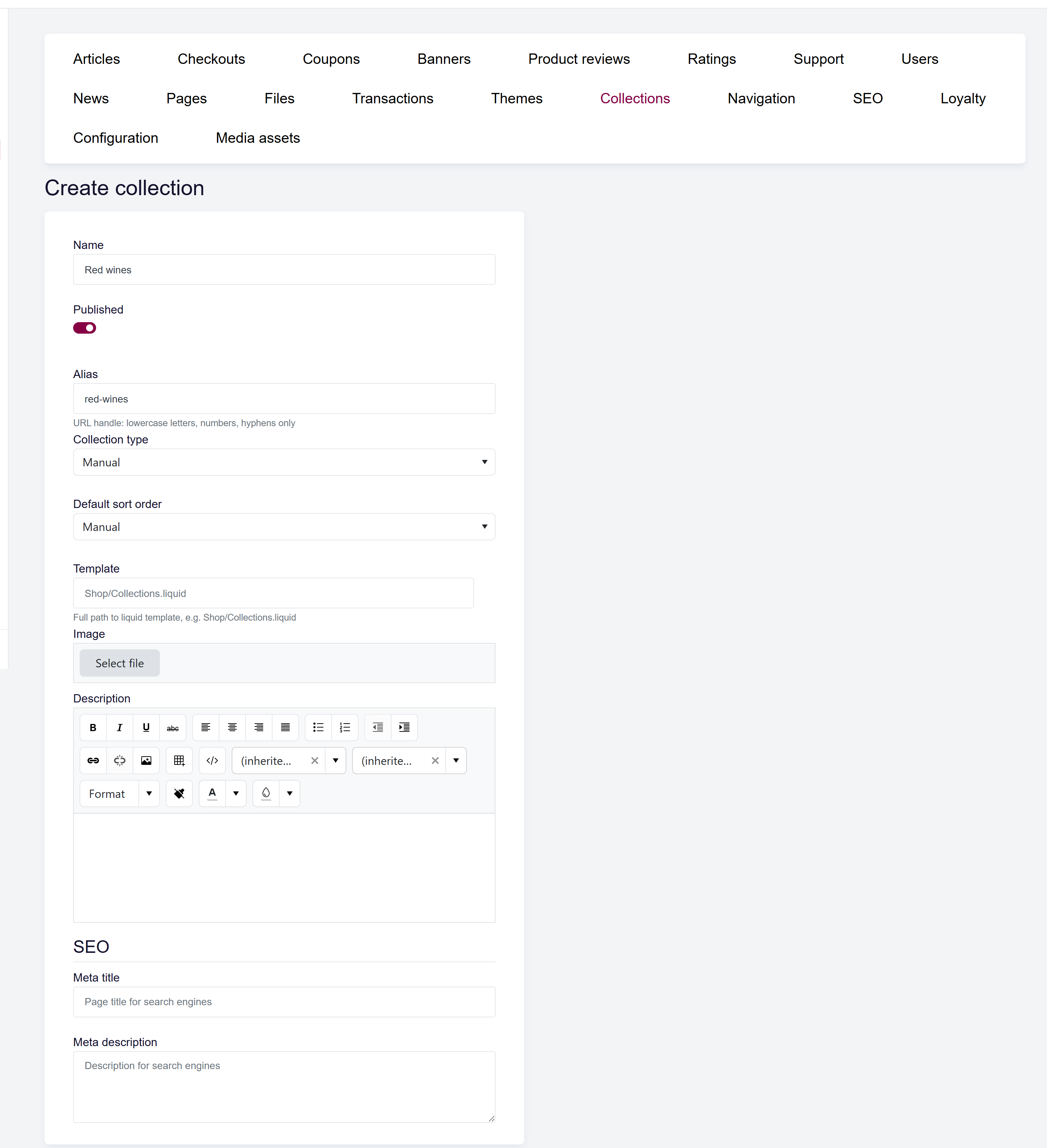 url: shop/collections/create
steps:
  - fill: input[name="Name"]|en=Red wines|de=Rotweine
  - fill: input[name="Alias"]|red-wines
The Create collection form with Name, Published switch, Alias, Collection type, and sort order fields.
