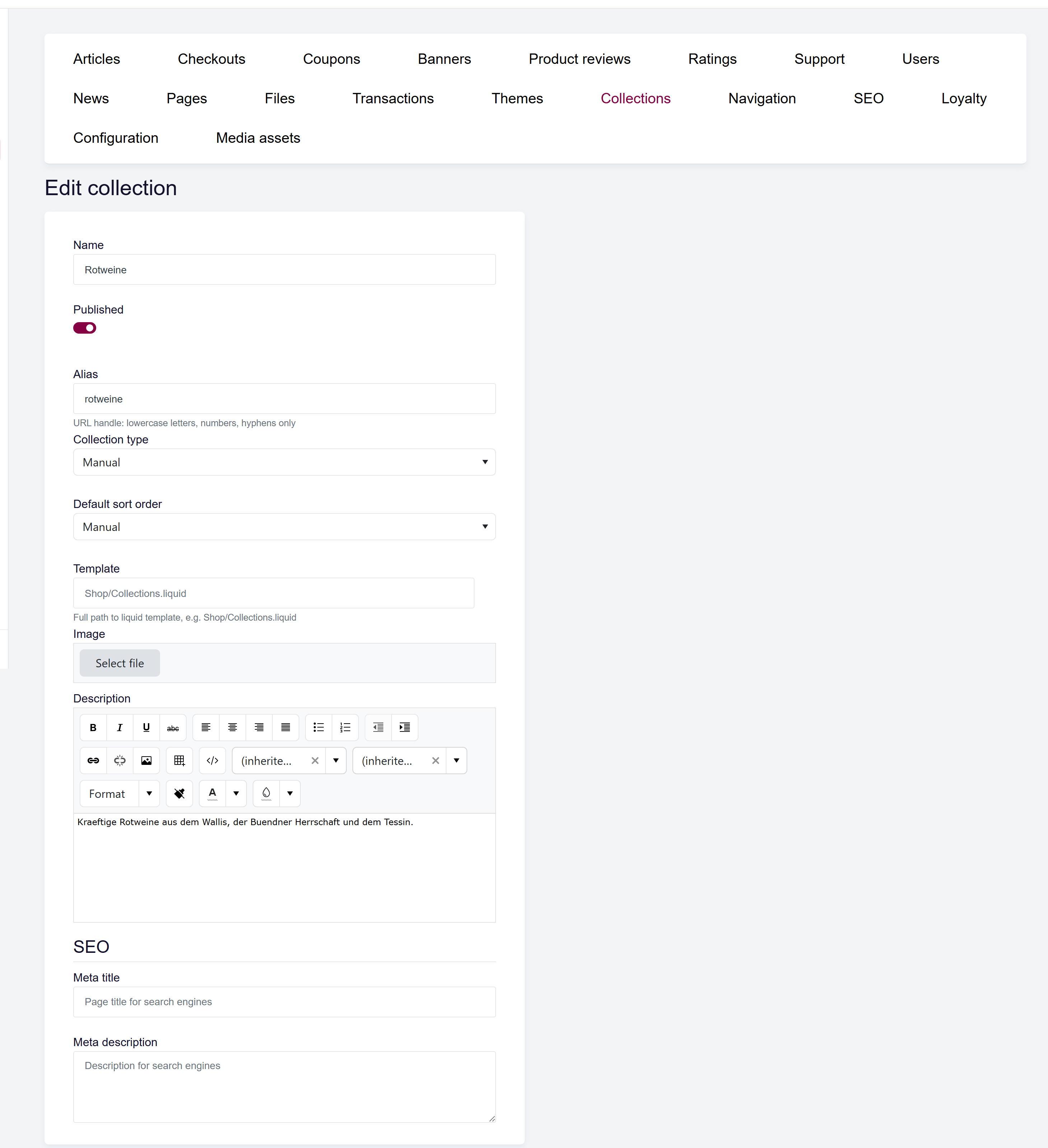 url: shop/collections
steps:
  - openFirst: a.grid-action-item[href*="/shop/collections/edit" i]
The collection edit page with the article search box and the reorderable article grid.