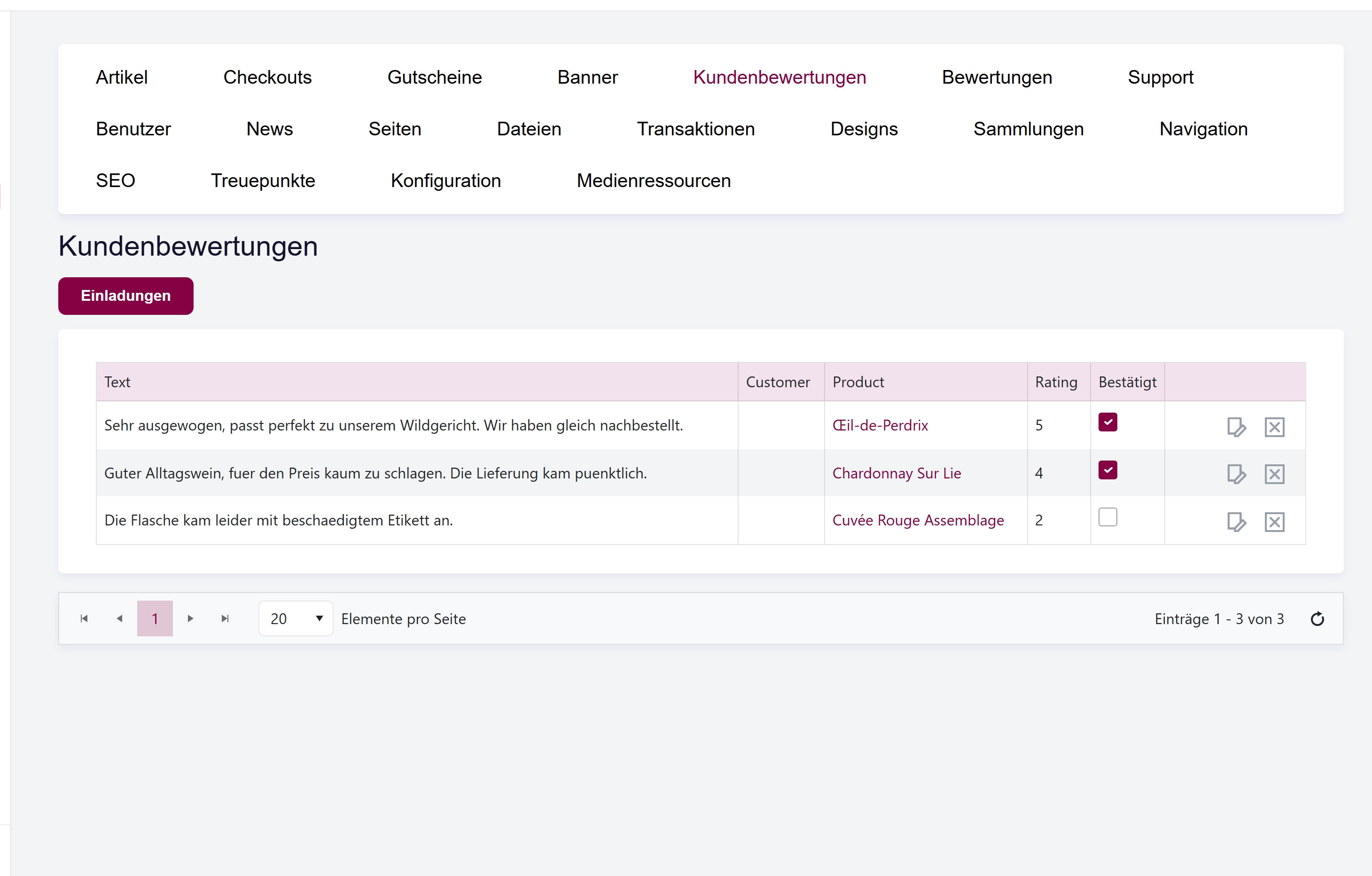 Das Kommentare-Grid mit Kommentartext, Kunde, Produkt, Bewertung und dem Schalter Genehmigt.