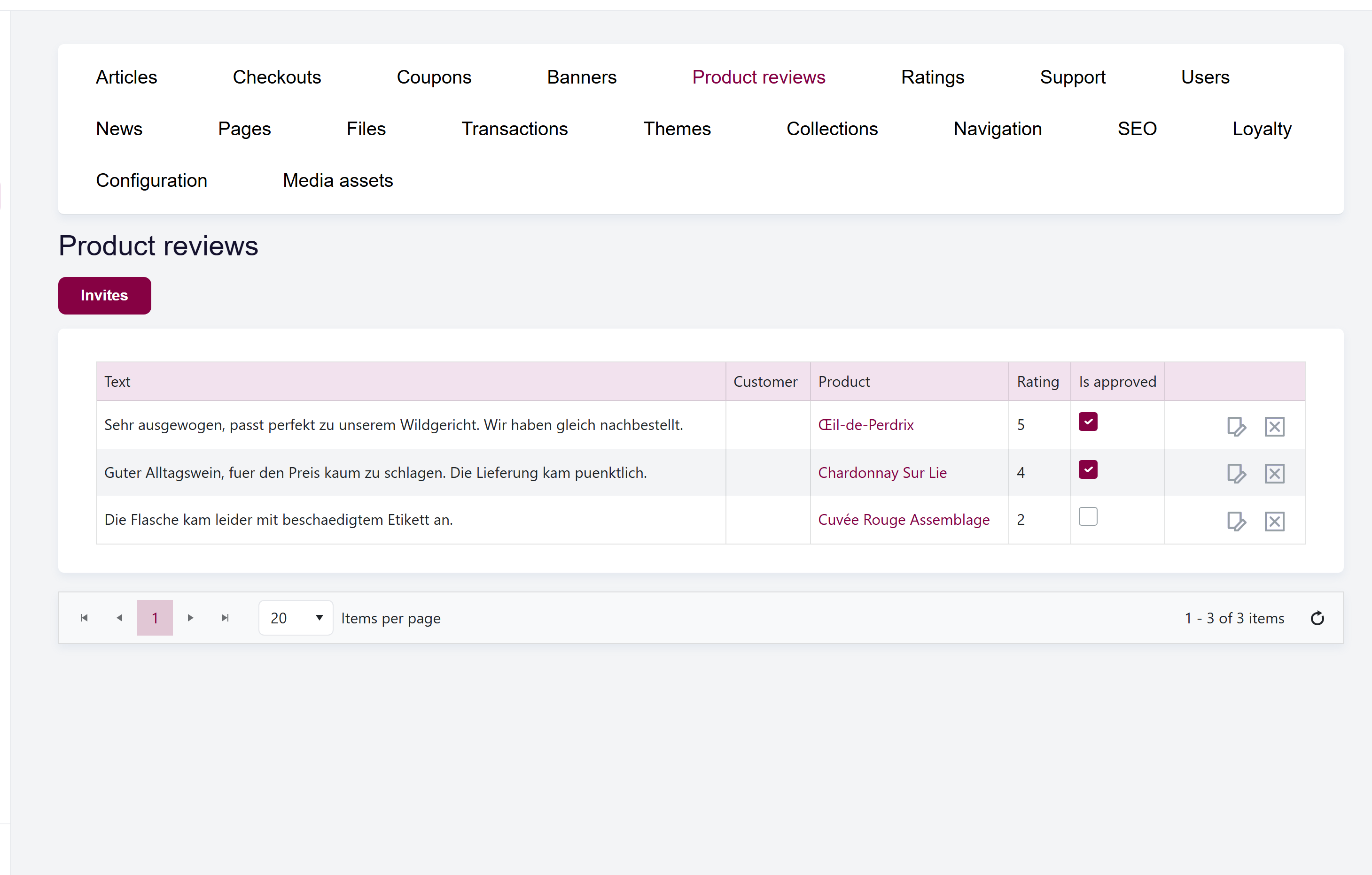 url: shop/comments
The Comments grid showing the comment text, customer, product, rating, and the Approved toggle.
