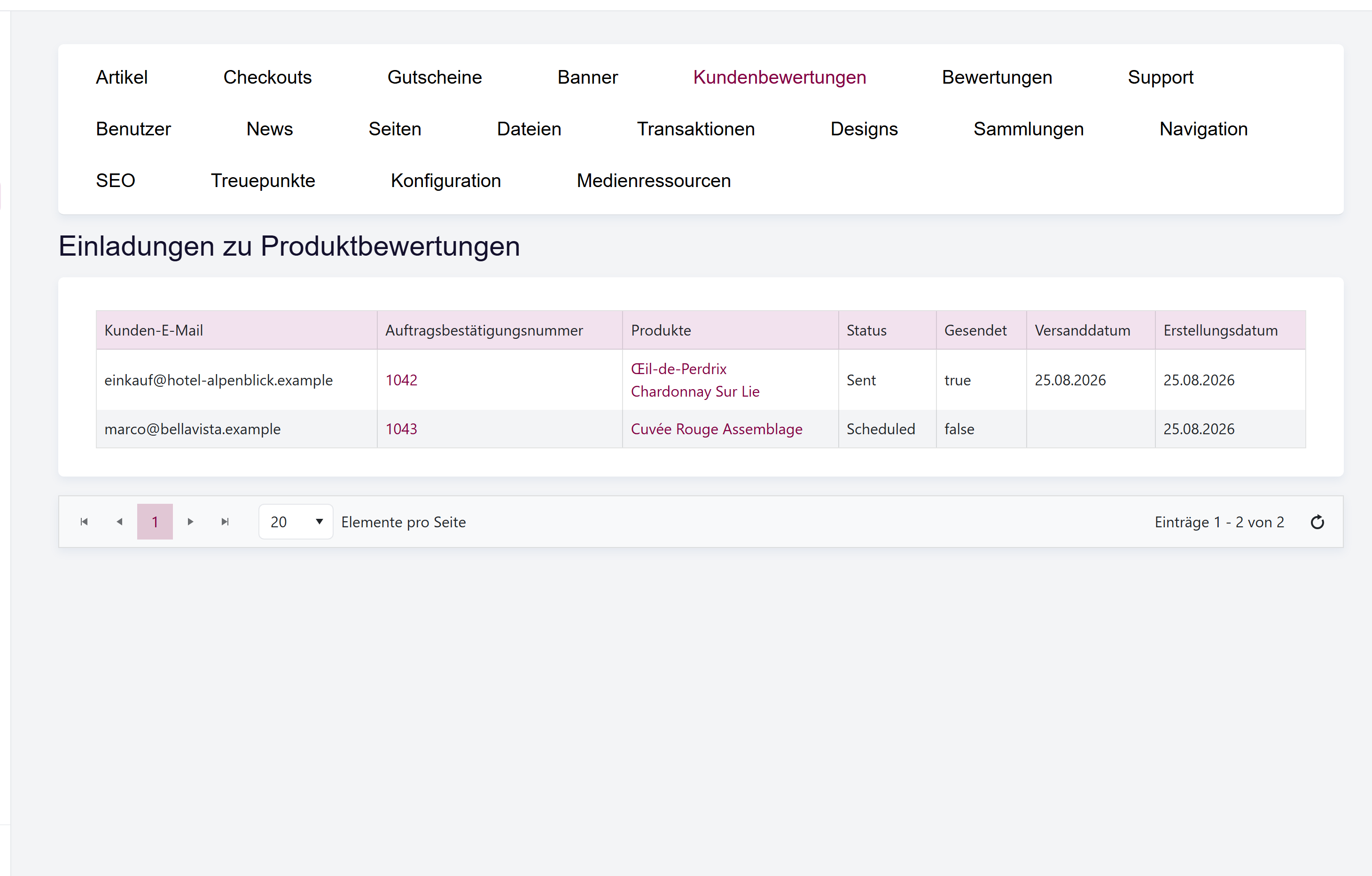 Das Einladungen-Grid mit Kunden-E-Mail, Auftragsbestätigung, Produkten, Status, Versandkennzeichen und Datumsangaben.