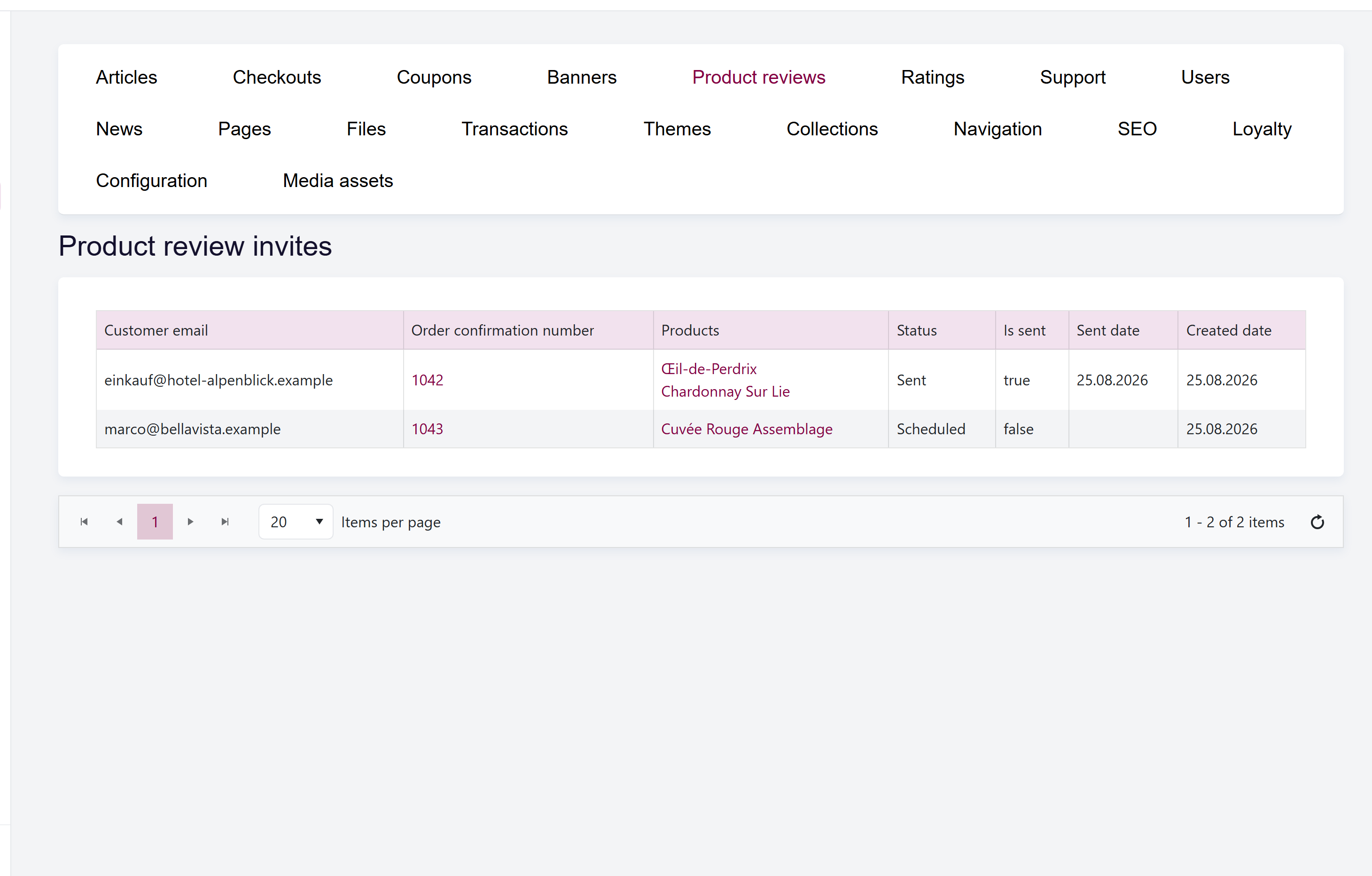 url: shop/comments/invites
The Invites grid showing customer email, order confirmation, products, status, sent flag, and dates.