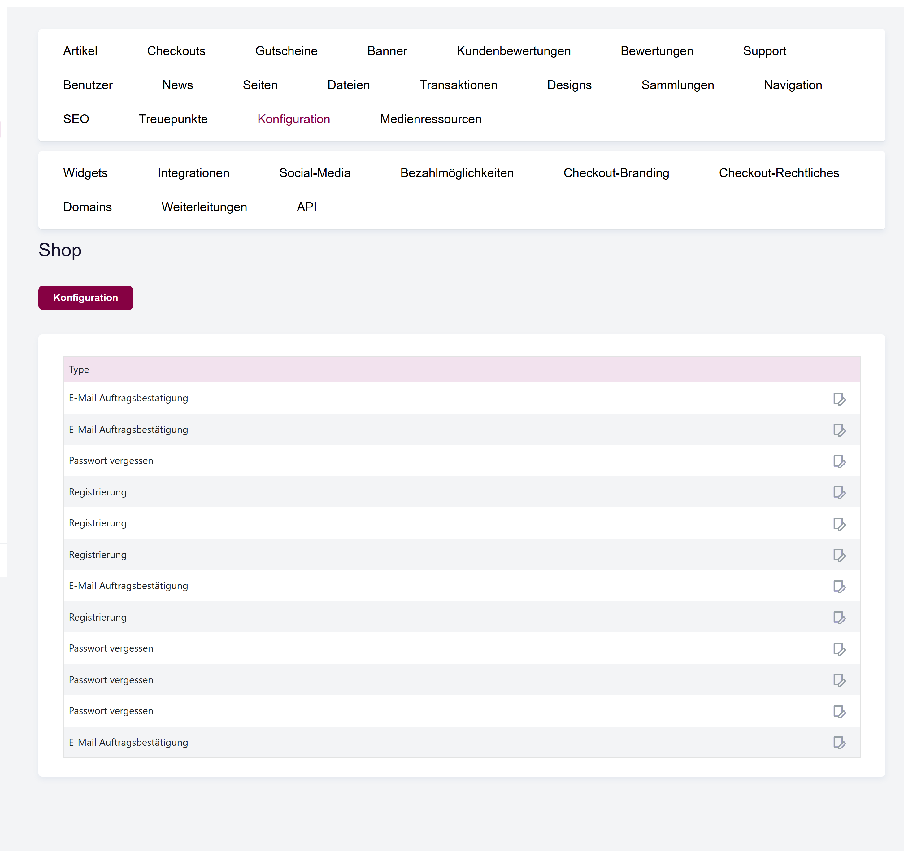 Der Tab Shop-Konfiguration in Vinosoft mit der Liste der Einstellungsseiten.