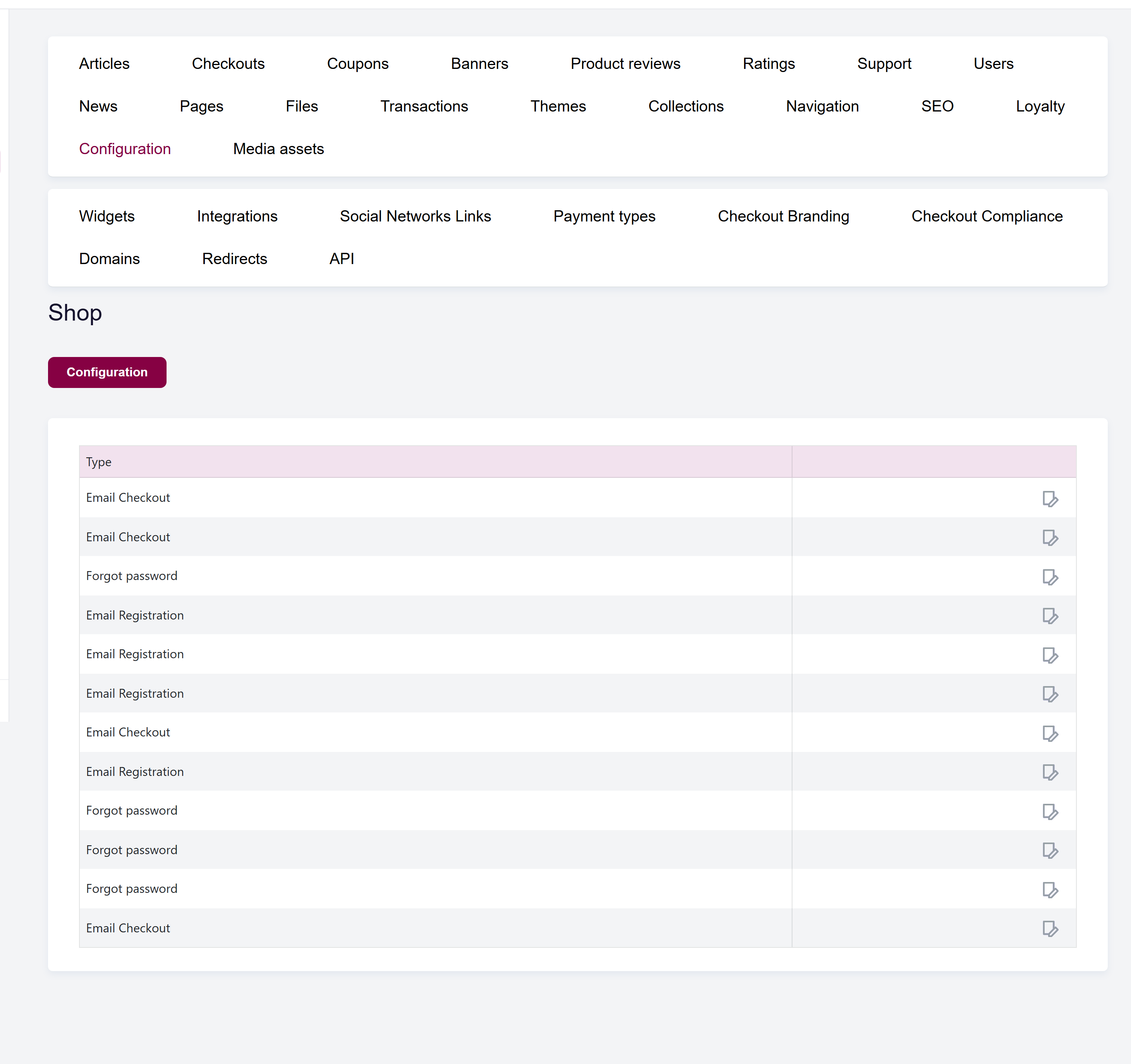 url: shop/configuration
The Shop Configuration tab in Vinosoft, showing its list of settings pages.