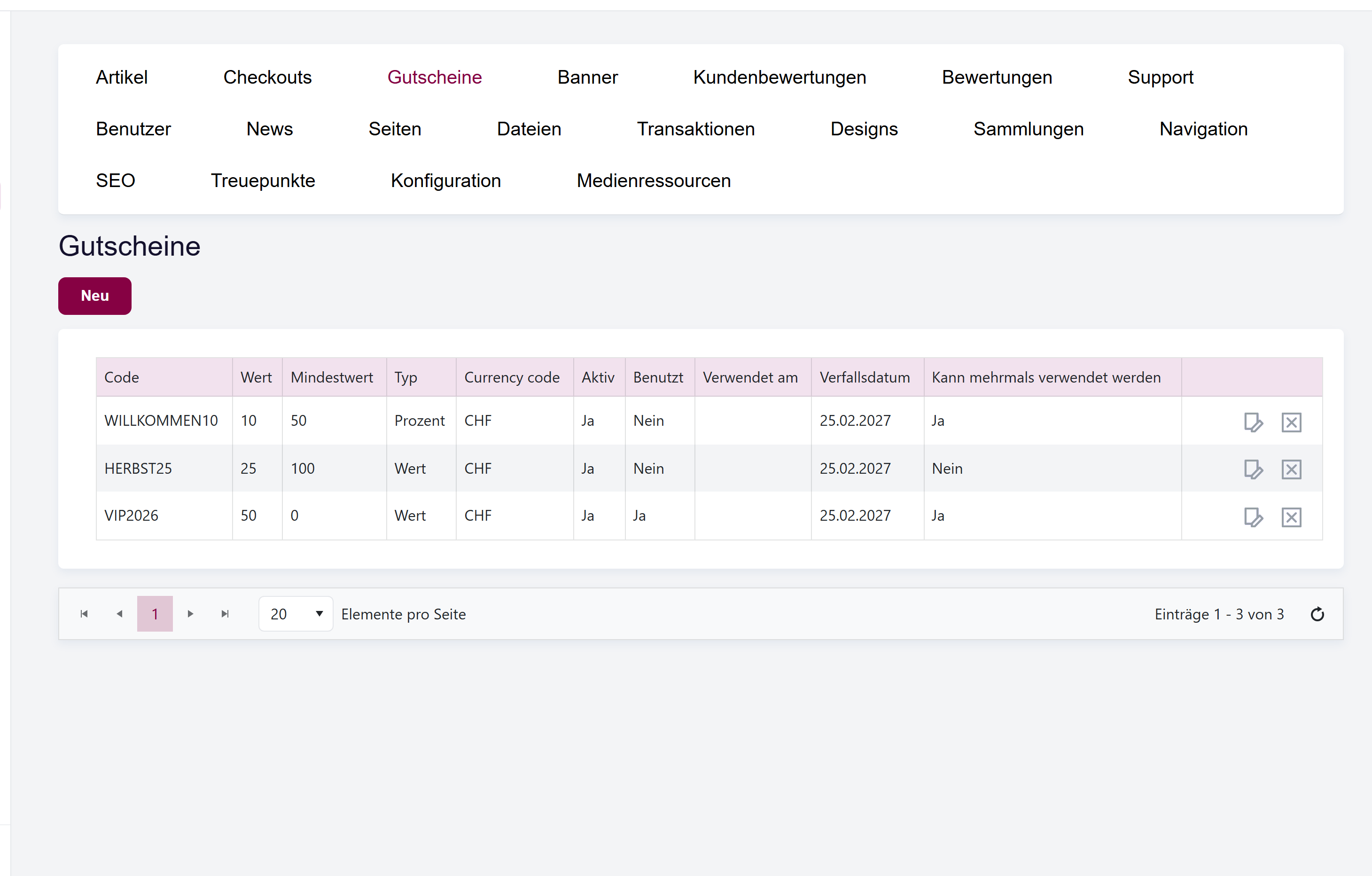 Die Coupons-Liste mit den Spalten Code, Wert, Typ, Währung, Aktiv, Benutzt, Verwendet am, Verfallsdatum und "Kann mehrmals verwendet werden", sowie der Aktion Erstellen.