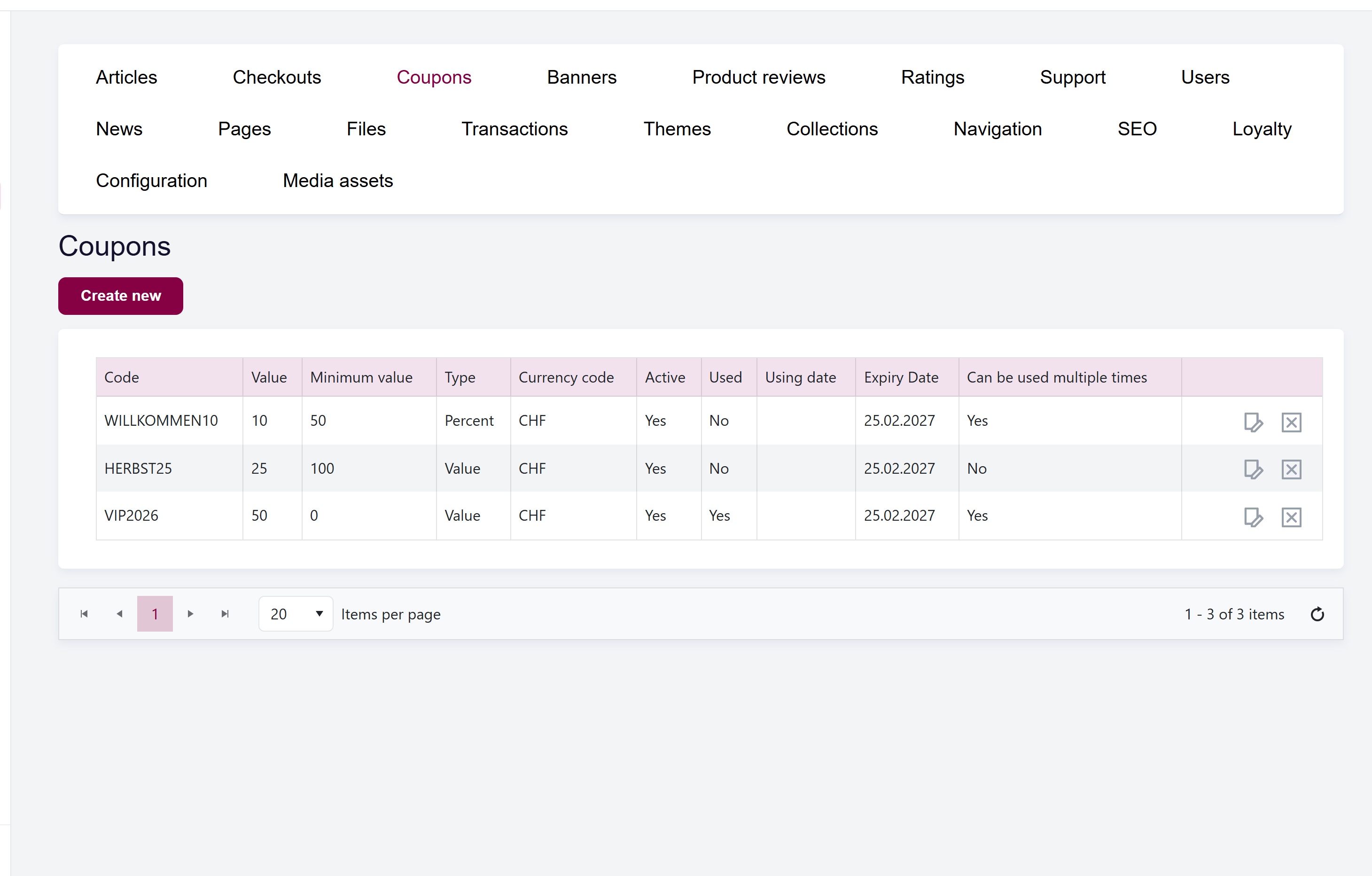 url: shop/coupon
The Coupons list with the Code, Value, Type, Currency, Active, Used, Using date, Expiry date, and "Can be used multiple times" columns, and the Create action.