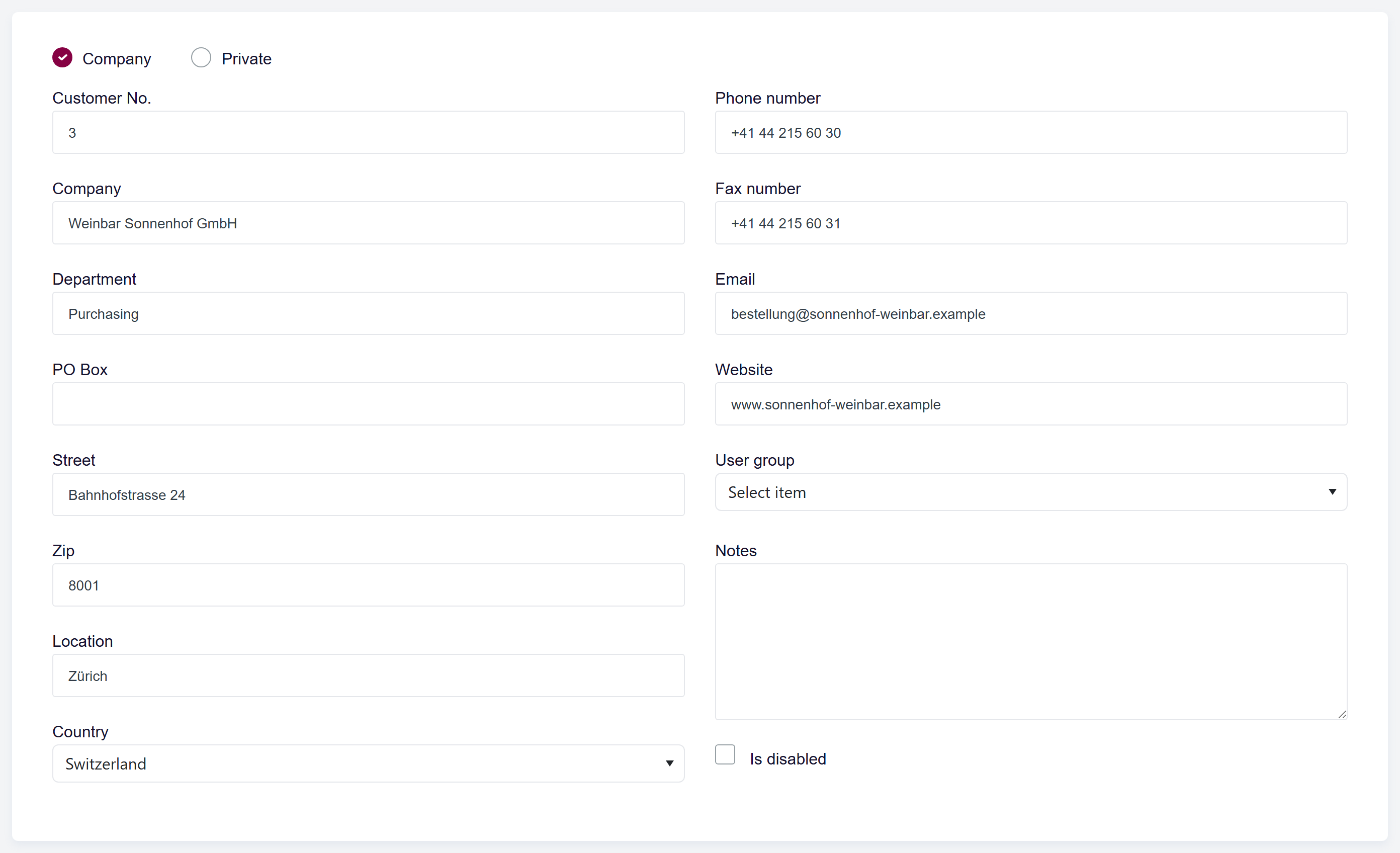 url: addresses/clientaddress/create
steps:
  - fill: input[name="Company"]|Weinbar Sonnenhof GmbH
  - fill: input[name="Department"]|en=Purchasing|de=Einkauf
  - fill: input[name="Street"]|Bahnhofstrasse 24
  - fill: input[name="ZipCode"]|8001
  - fill: input[name="Location"]|Zürich
  - fill: input[name="PhoneNumber"]|+41 44 215 60 30
  - fill: input[name="FaxNumber"]|+41 44 215 60 31
  - fill: input[name="Email"]|bestellung@sonnenhof-weinbar.example
  - fill: input[name="Website"]|www.sonnenhof-weinbar.example
crop: .form-wrapper.form-horizontal
The new-customer form with the Company / Private address-type selector at the top and the main address fields below.