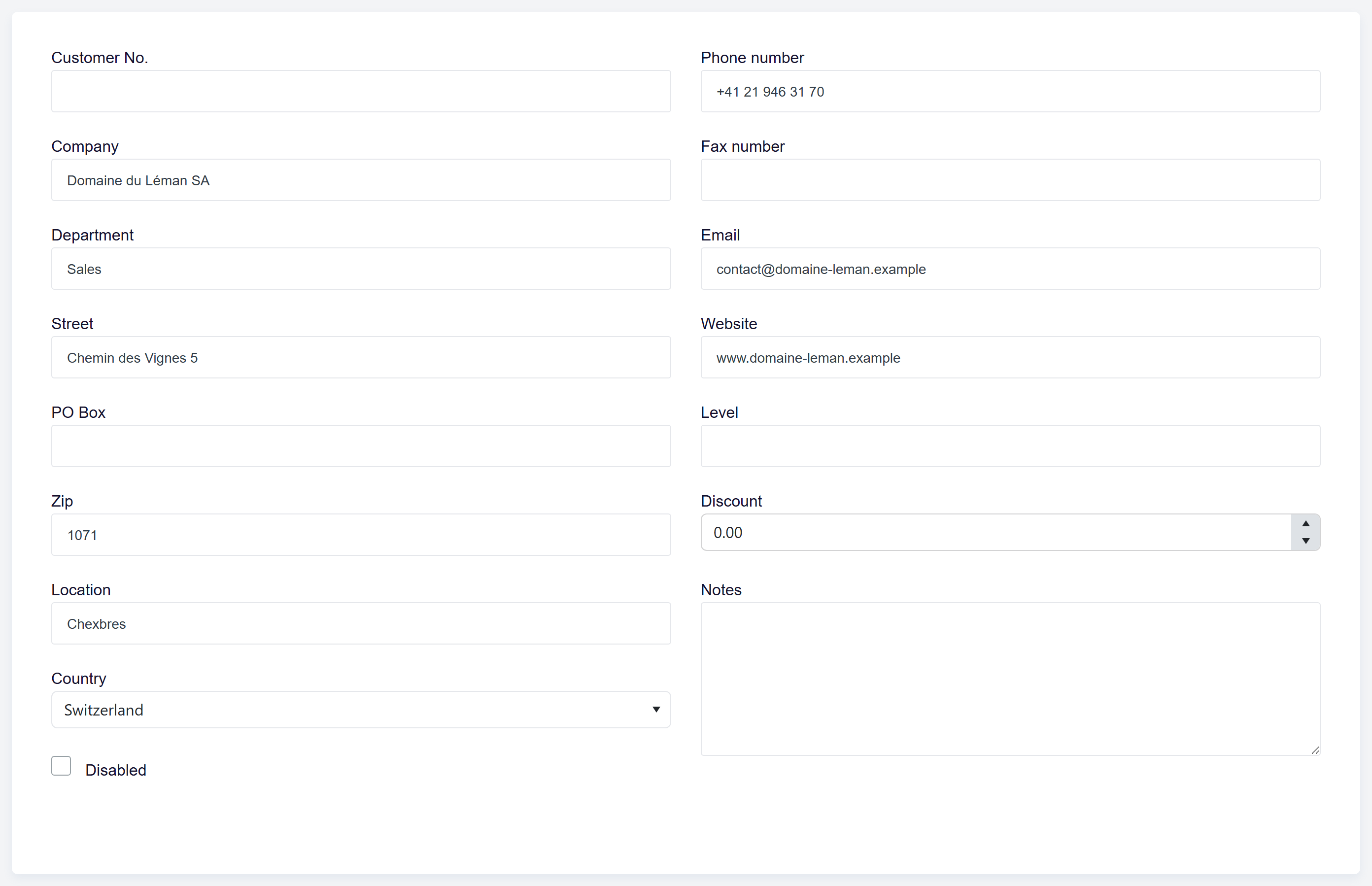 url: addresses/supplieraddress/create
steps:
  - fill: input[name="Company"]|Domaine du Léman SA
  - fill: input[name="Department"]|en=Sales|de=Verkauf
  - fill: input[name="Street"]|Chemin des Vignes 5
  - fill: input[name="ZipCode"]|1071
  - fill: input[name="Location"]|Chexbres
  - fill: input[name="PhoneNumber"]|+41 21 946 31 70
  - fill: input[name="Email"]|contact@domaine-leman.example
  - fill: input[name="Website"]|www.domaine-leman.example
  - pick: input[name="CountryId"]|en=Switzerland|de=Schweiz
crop: .form-wrapper.form-horizontal
The new-supplier form with the main address fields and the contact fields beside them.