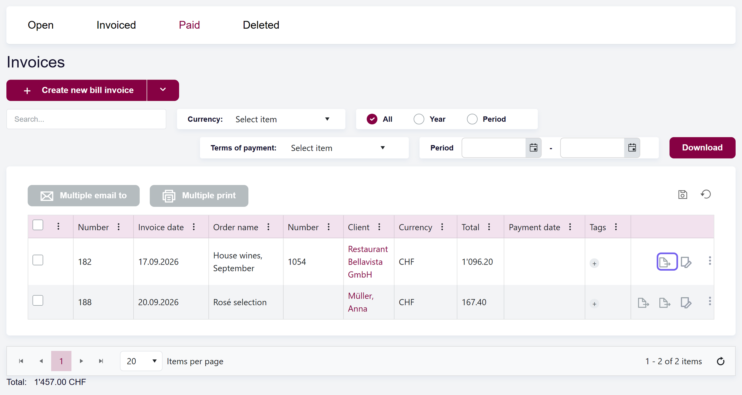 url: invoices/invoice?section=Paid
steps:
  - wait: #grid tbody tr
  - script: (() => { const ds = $("#grid").data("kendoGrid").dataSource; ds.data(ds.data().toJSON().filter(r => /Bellavista|Müller/.test(JSON.stringify(r)))); })()
  - waitms: 800
highlight: #grid tbody tr:first-child a[href*="/invoice/credit/" i]
crop: ul.main-tabs, .content-container
The Paid tab with the credit icon of an invoice highlighted.