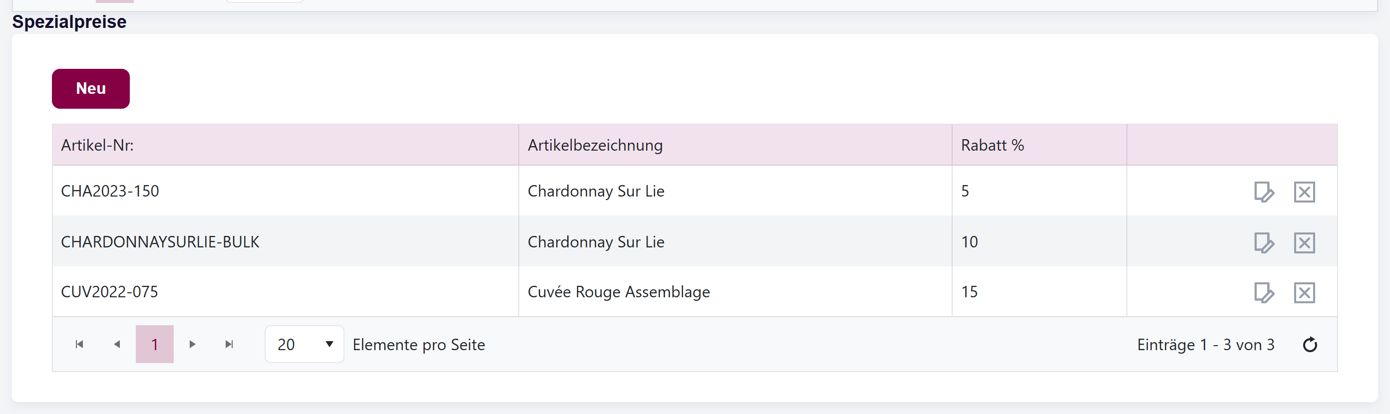 Der Abschnitt Artikelangebote bei einem Kunden mit der Angebotsliste und der Schaltfläche «Neu erstellen».
