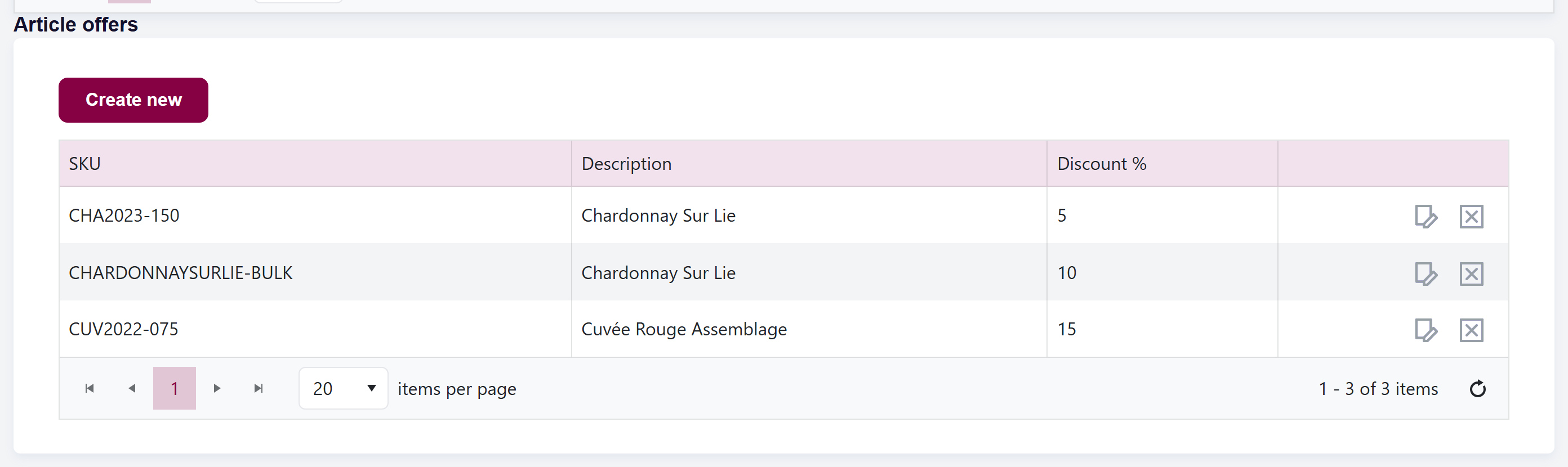url: addresses/clientaddress
steps:
  - openRow: Hotel Alpenblick
crop: [data-help="customer-article-offers"], [data-help="customer-article-offers"] + .form-wrapper
The Article offers section on a customer, showing the offer list and the "Create new" button.