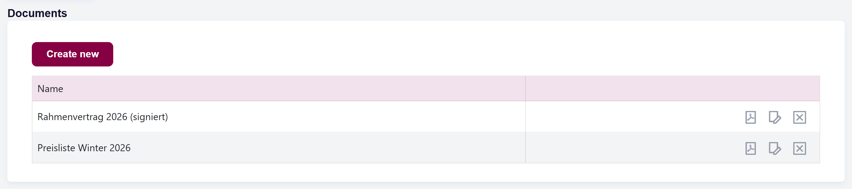 url: addresses/clientaddress
steps:
  - openRow: Hotel Alpenblick
crop: [data-help="customer-documents"], [data-help="customer-documents"] + .form-wrapper
The Documents section of a customer with an attached file and the "Create new" button.