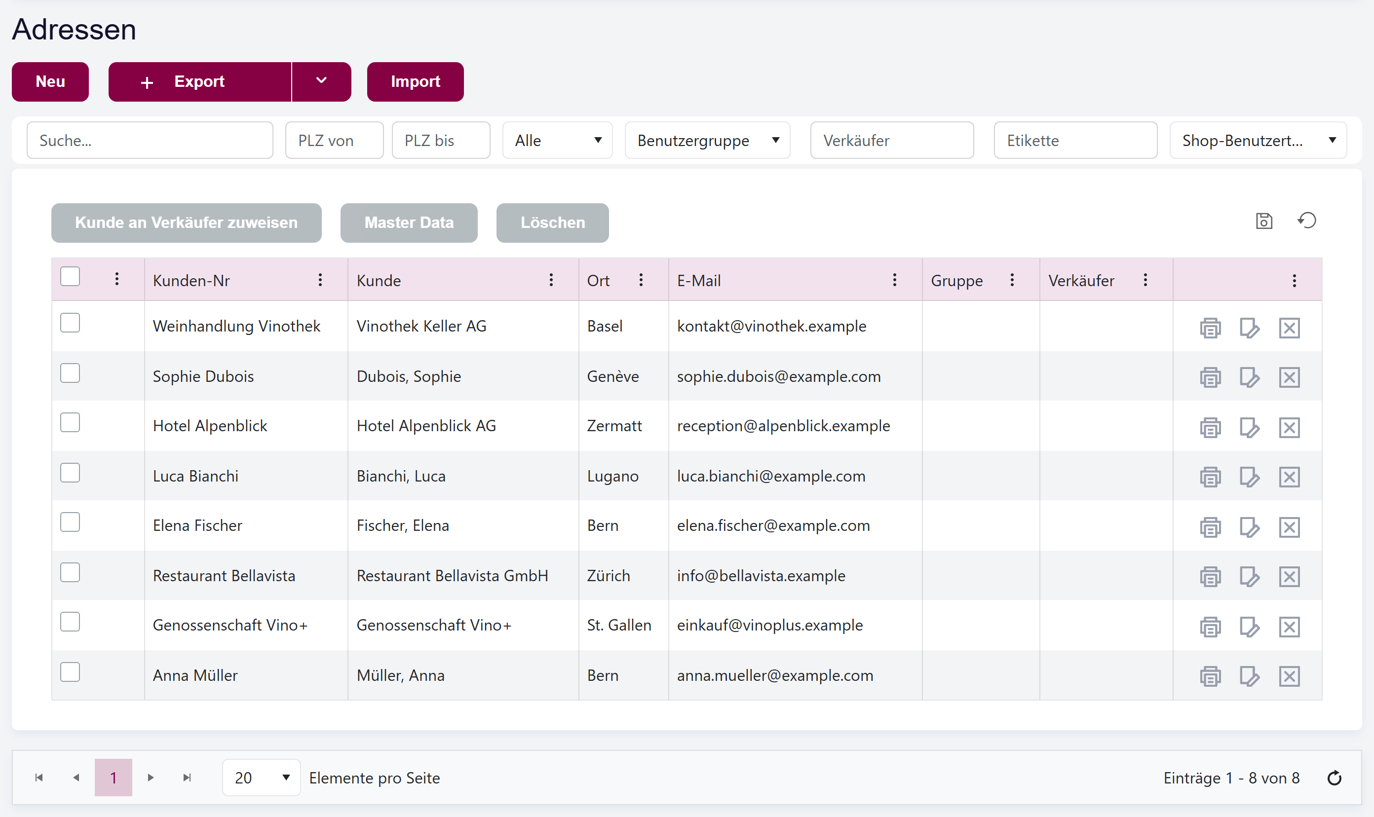 Die Kundenliste in Vinosoft mit Kundendatensätzen und den Aktionen Erstellen / Import / Export.