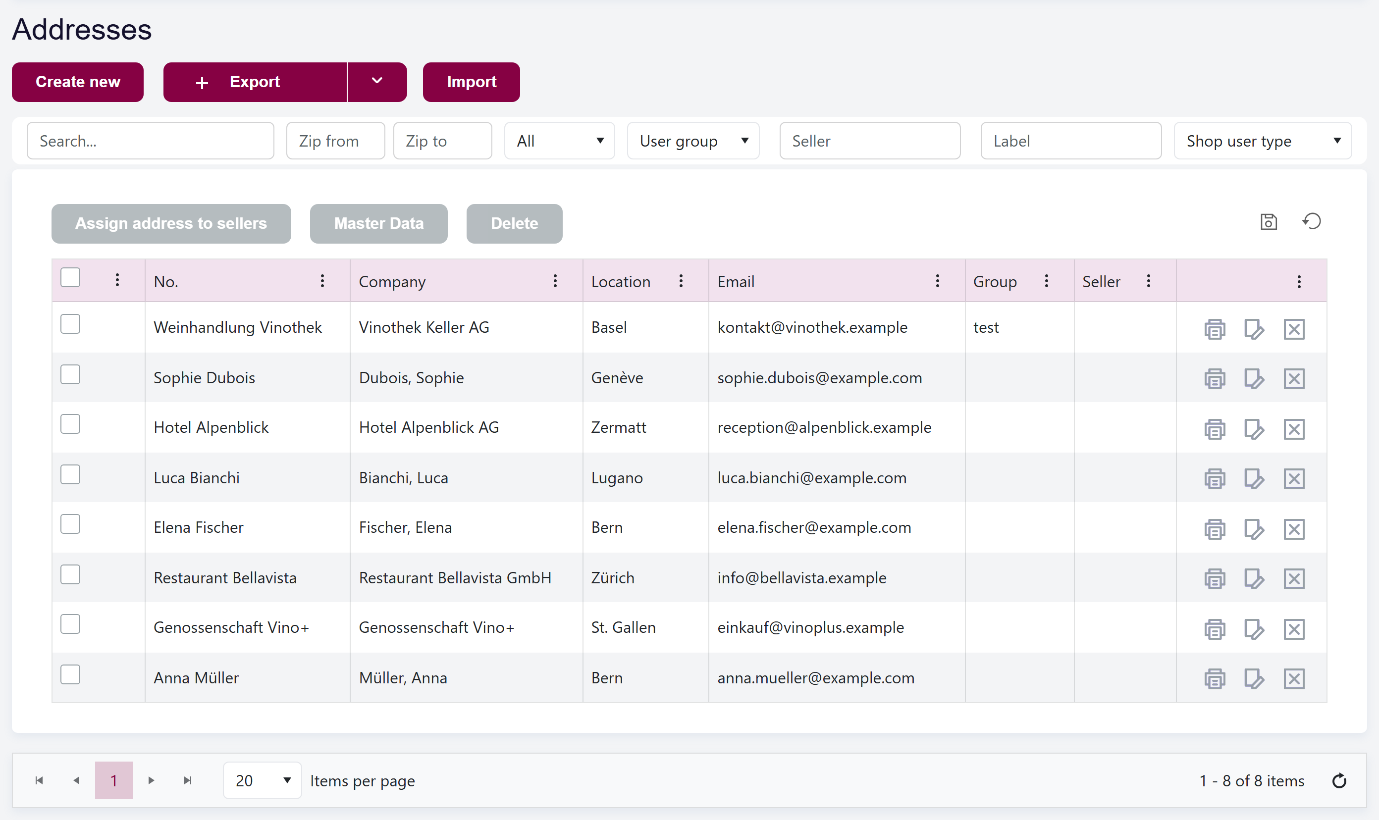 url: addresses/clientaddress
crop: .content-container
The customer list open in Vinosoft, showing customer records and the Create / Import / Export actions.