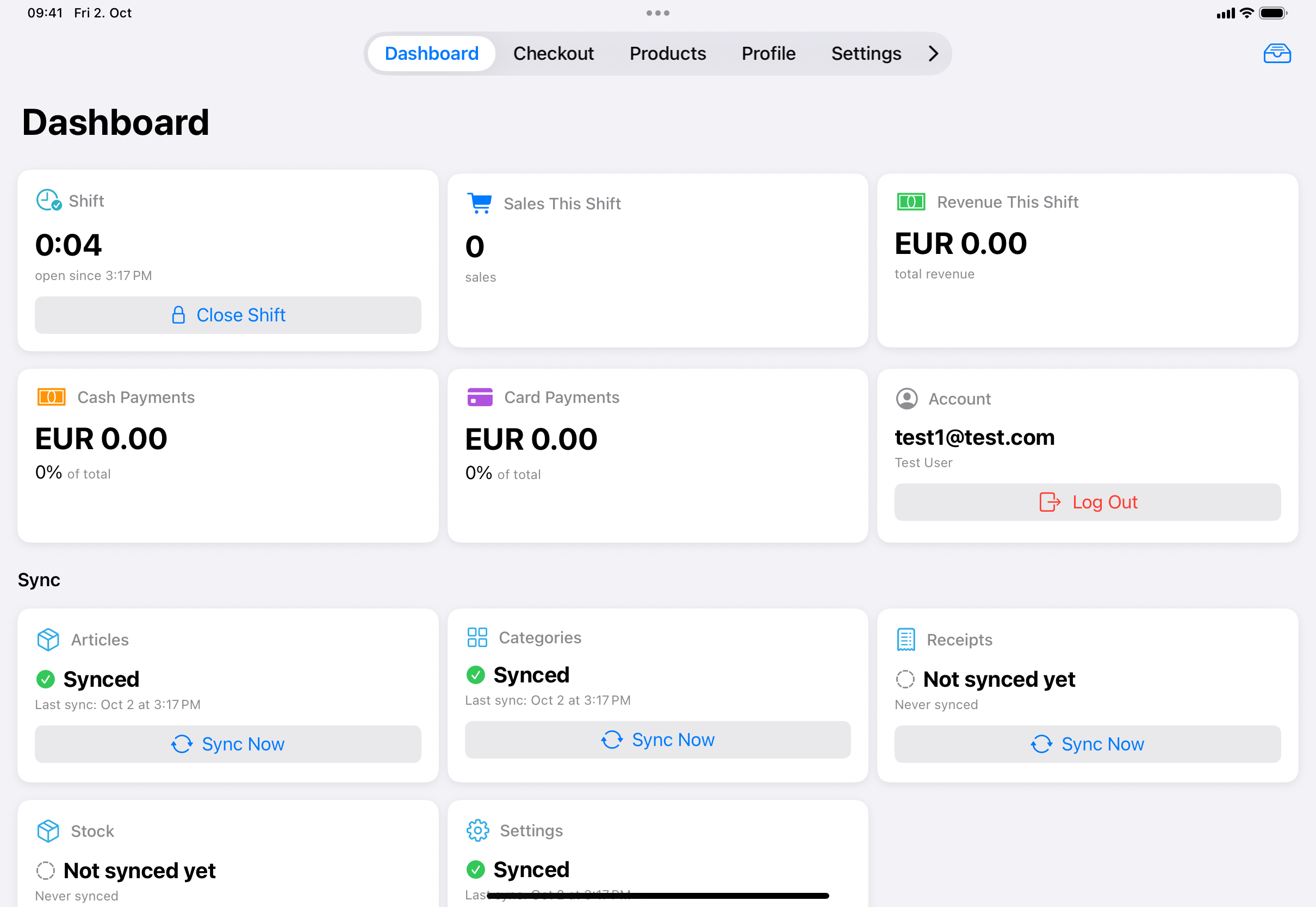 The POS dashboard with an open shift: the Shift tile with its running time and Close Shift button, Sales This Shift, Revenue This Shift, Cash Payments, Card Payments, Account, and the Sync tiles below.