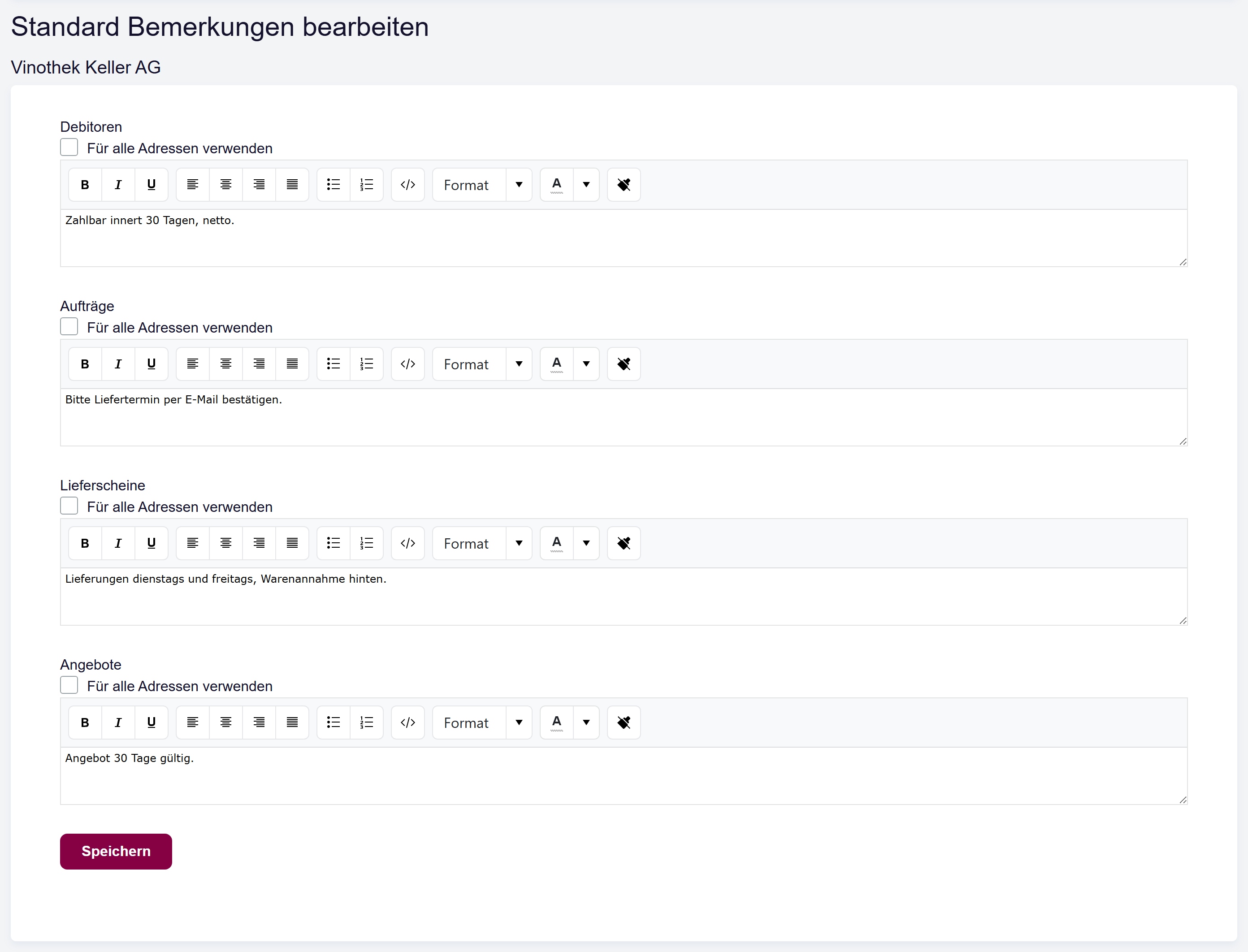 Der Editor für Standard-Bemerkungen, geöffnet von einem Kunden aus, mit den Standardtextfeldern.