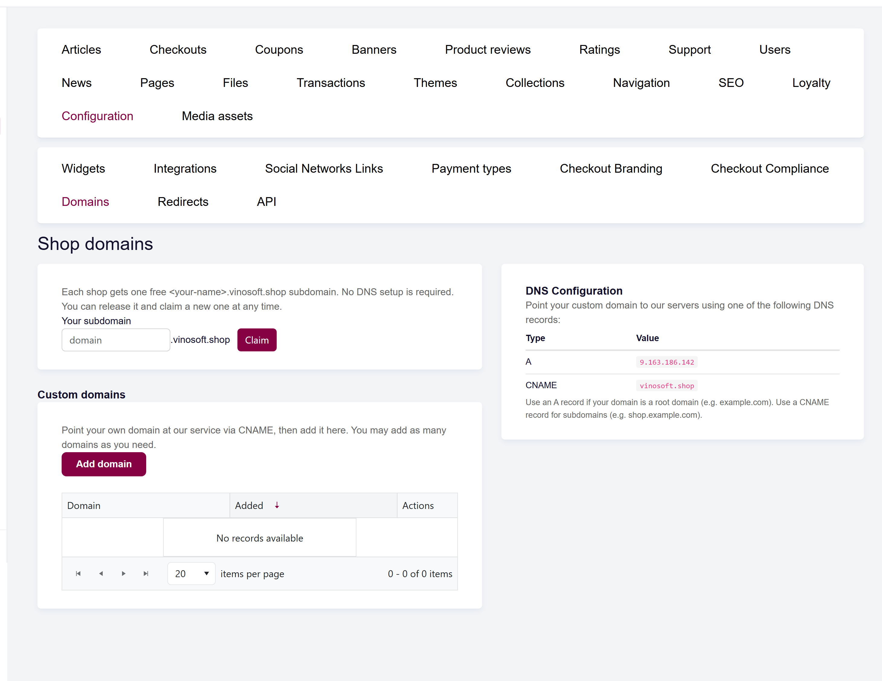 url: shop/domains
The Domains screen: the free subdomain section on the left, the custom domains list below it, and the DNS configuration table on the right.