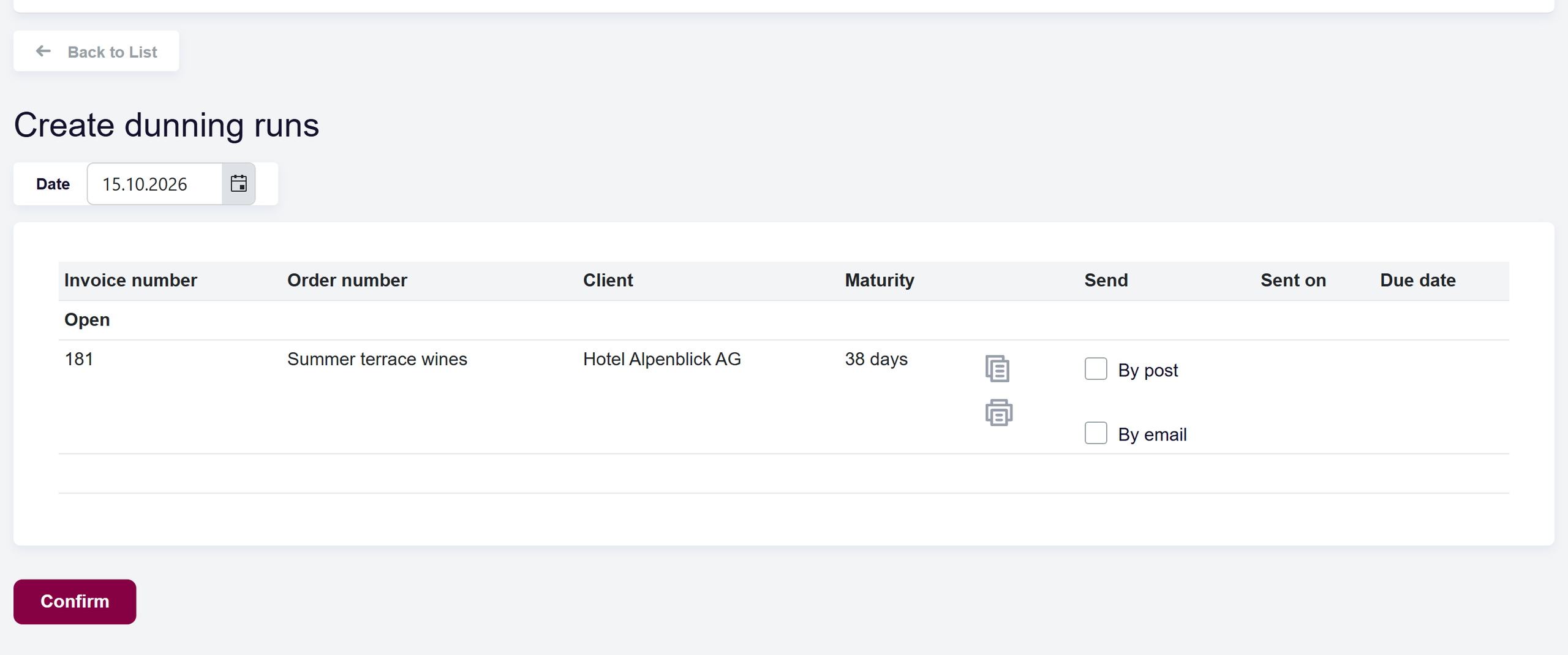 url: invoices/invoice/createdunningrun
wait: .dunning-run-items
crop: .content-container
The Create dunning runs page: the date, and the overdue invoices grouped by their current reminder level, each with By post and By email checkboxes.