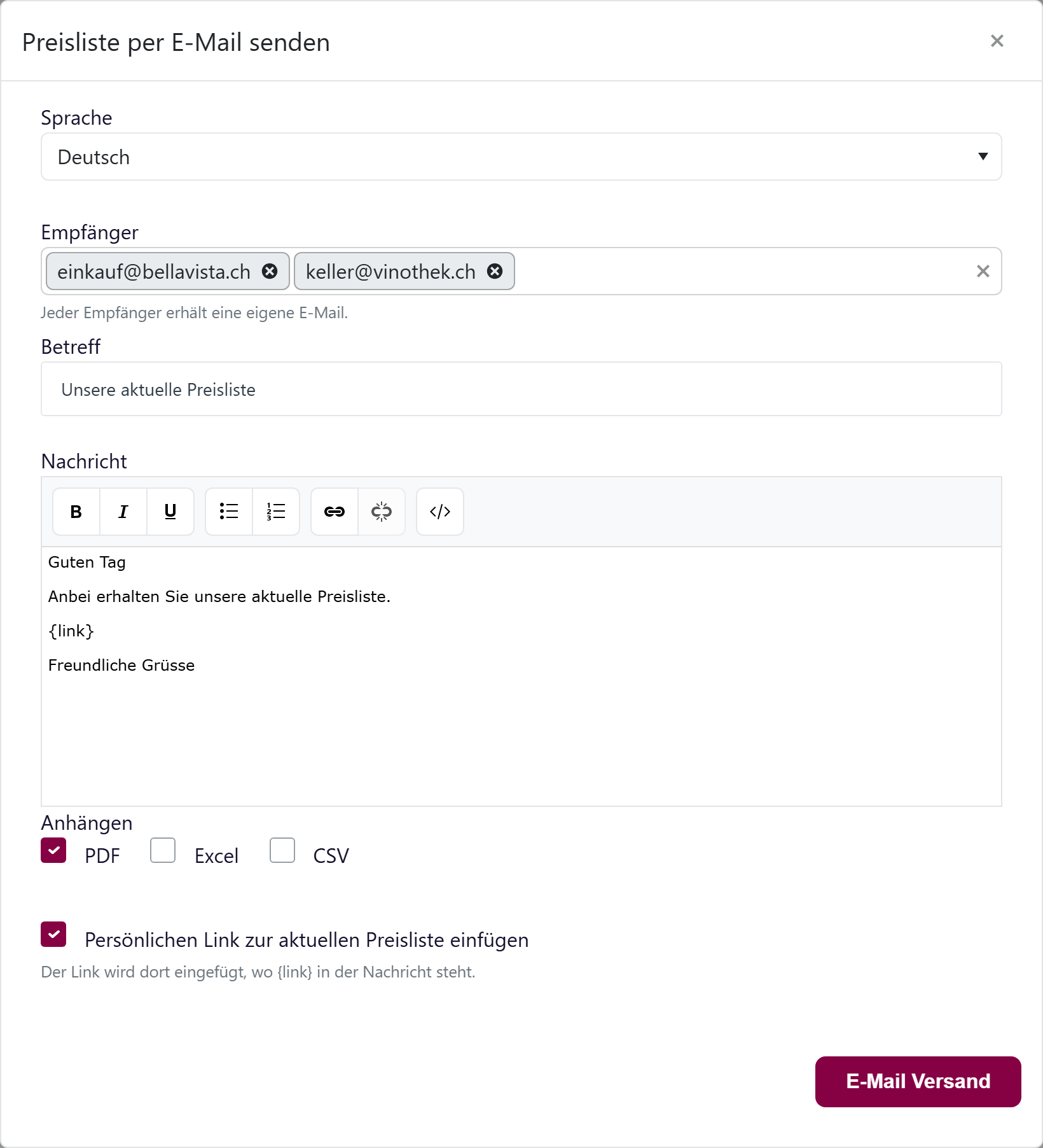 Das Fenster «Preisliste per E-Mail senden» mit Sprache, Empfänger, Betreff, dem Nachrichteneditor mit {link}, den Kästchen PDF / Excel / CSV und der Option für den persönlichen Link.