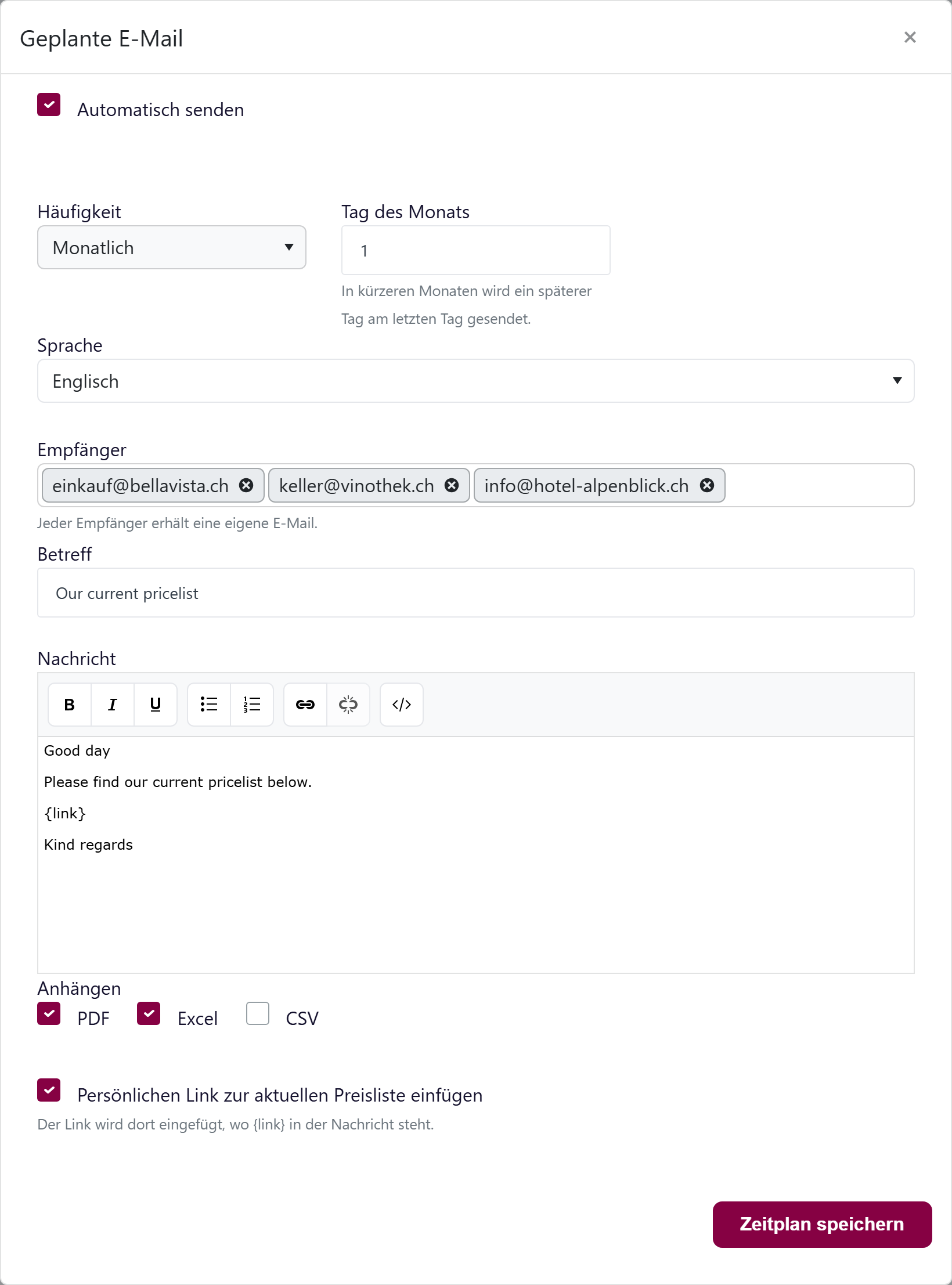 Das Fenster «Geplante E-Mail» mit aktiviertem «Automatisch senden», Häufigkeit Monatlich, Tag des Monats 1 und drei Empfängern.