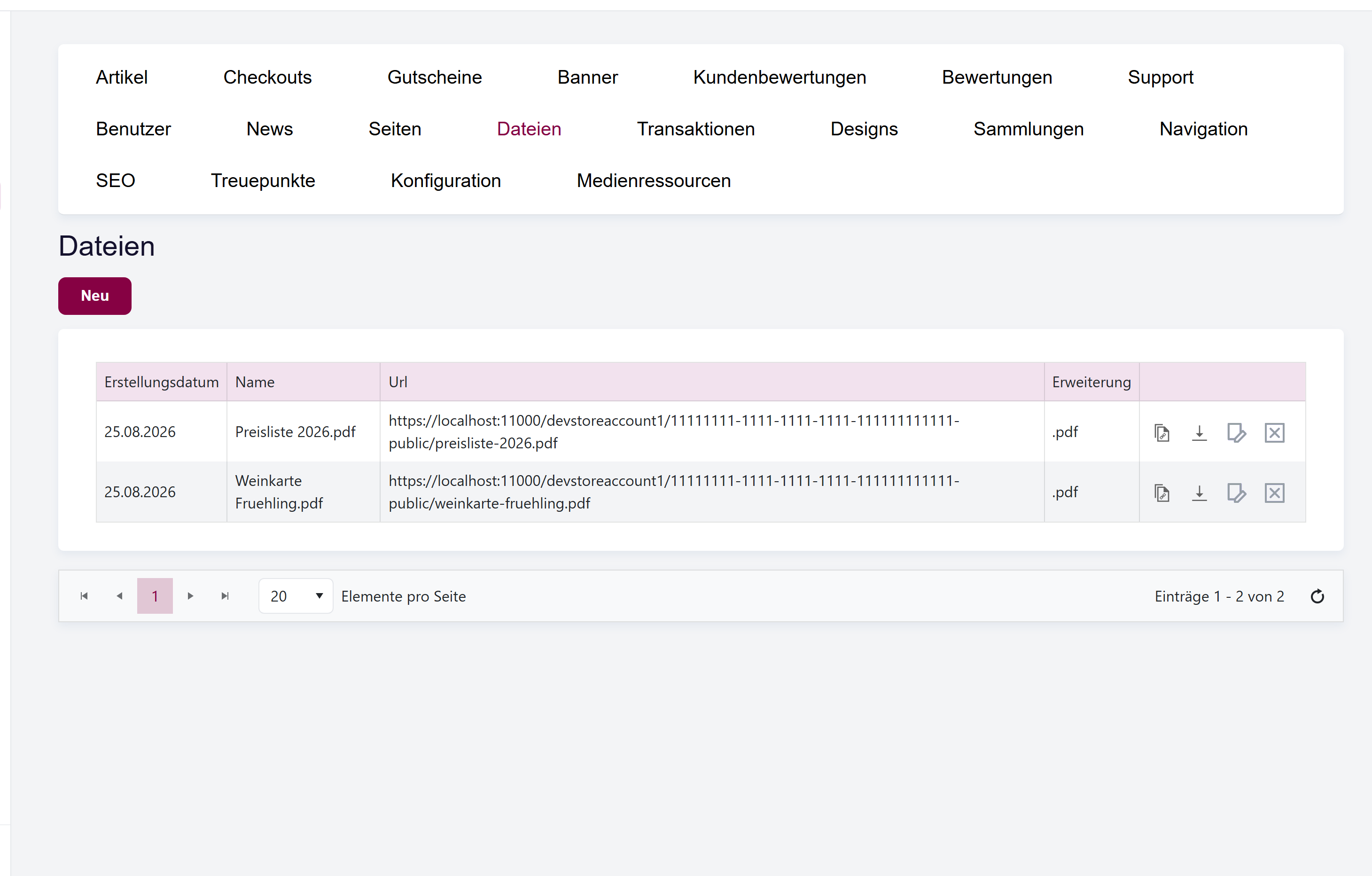 Die Dateiliste mit den Spalten Erstellt, Name, Url und Dateiendung sowie der Schaltfläche Neu erstellen.